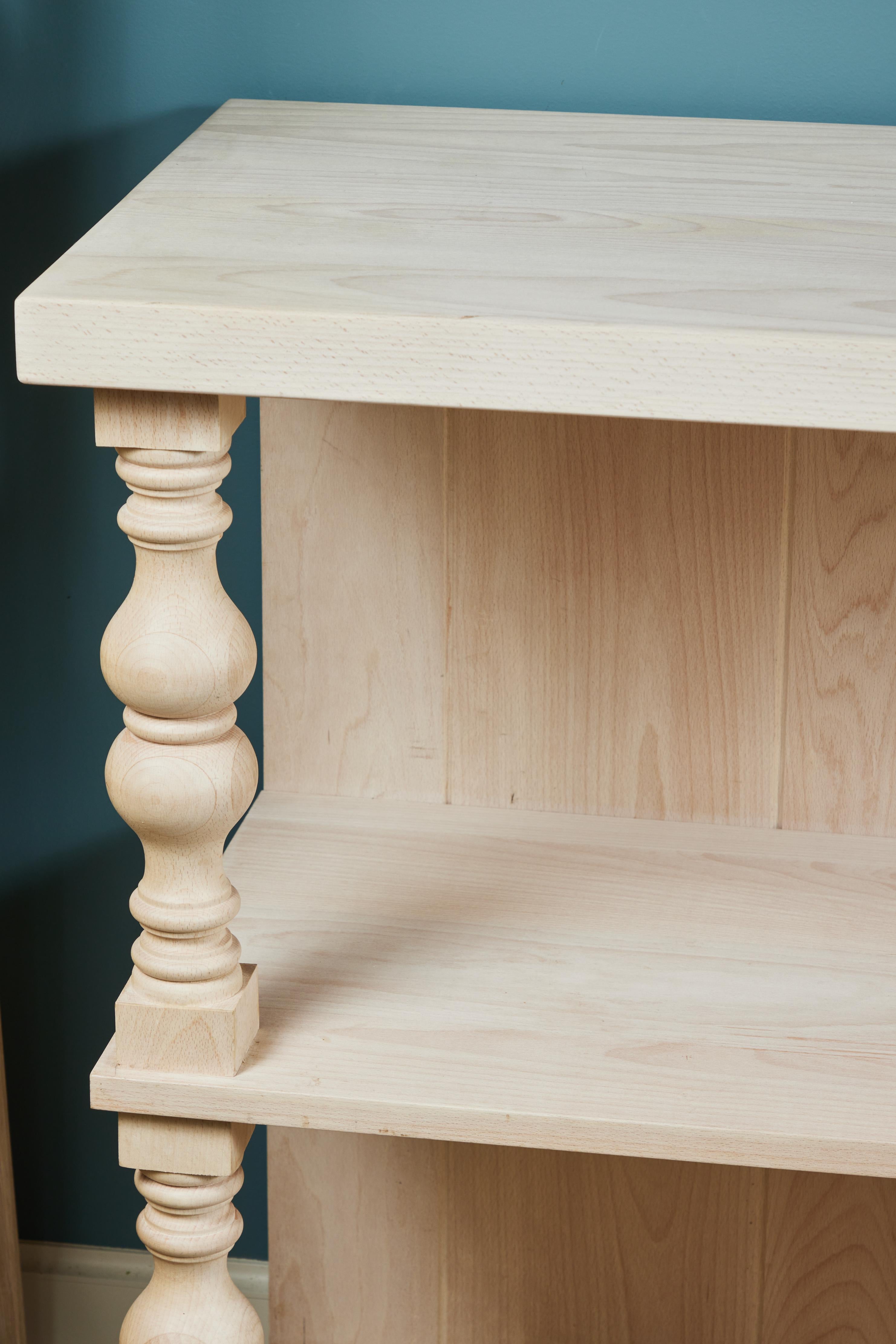 Beech Custom 3-Tier Wall Console with Shelves, Turned Wood Column Accent For Sale
