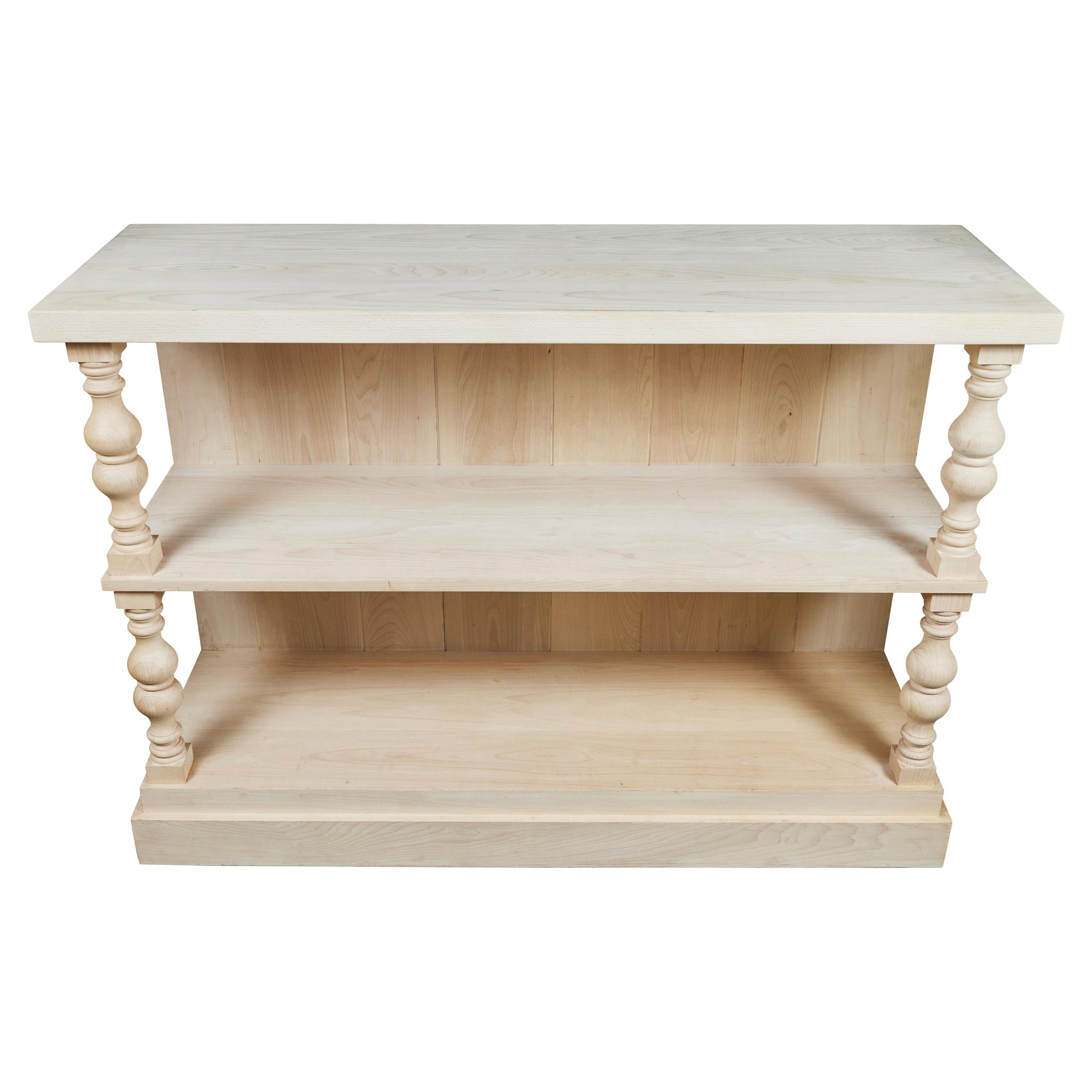 Custom 3-Tier Wall Console with Shelves, Turned Wood Column Accent For Sale