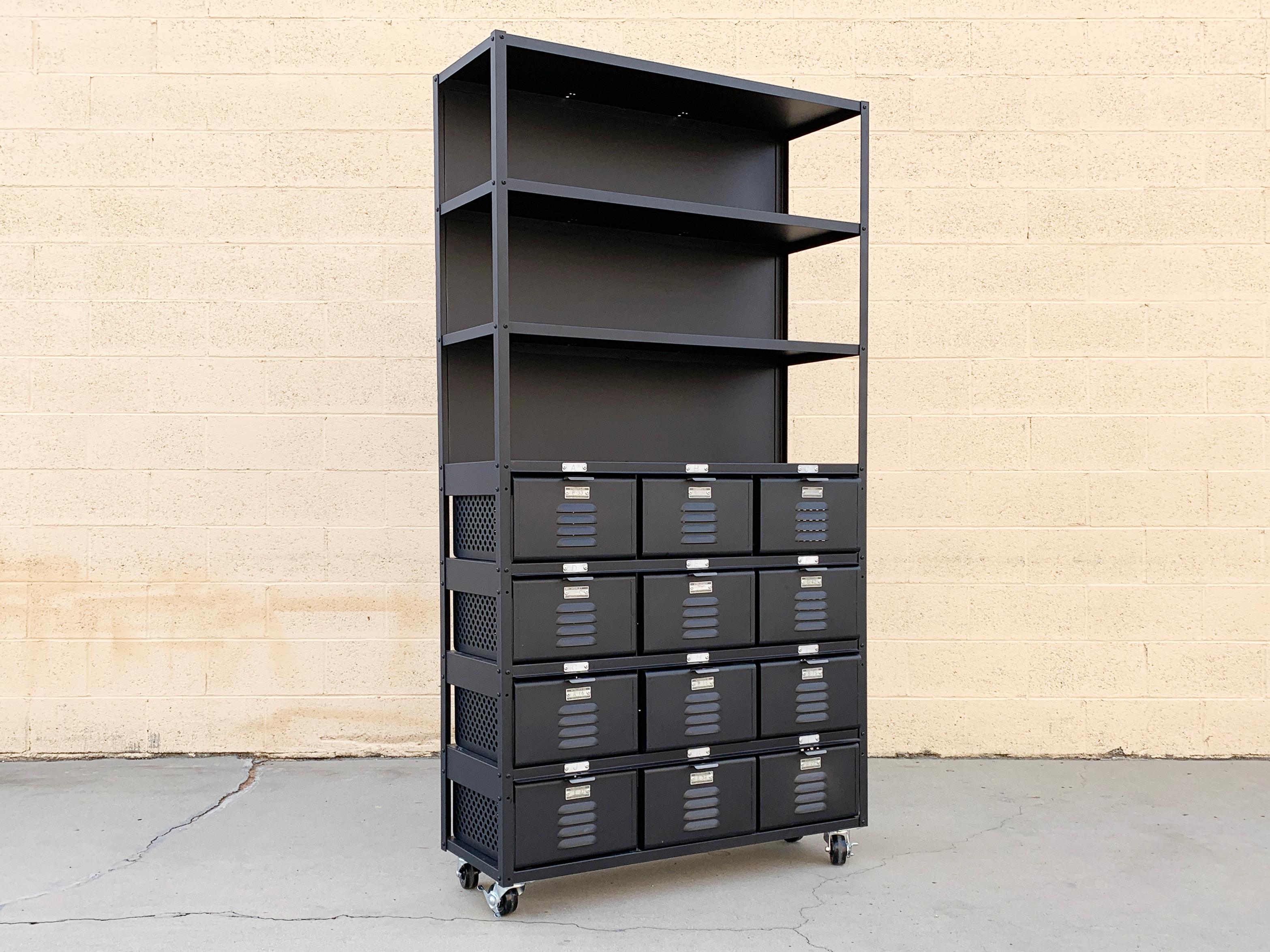 Return policy: This is a custom made piece. All sales final on custom orders and custom fabrications.

Custom made 3 x 4 locker basket unit featuring locking casters and three open shelves for display or storage.

Our all new, custom fabricated