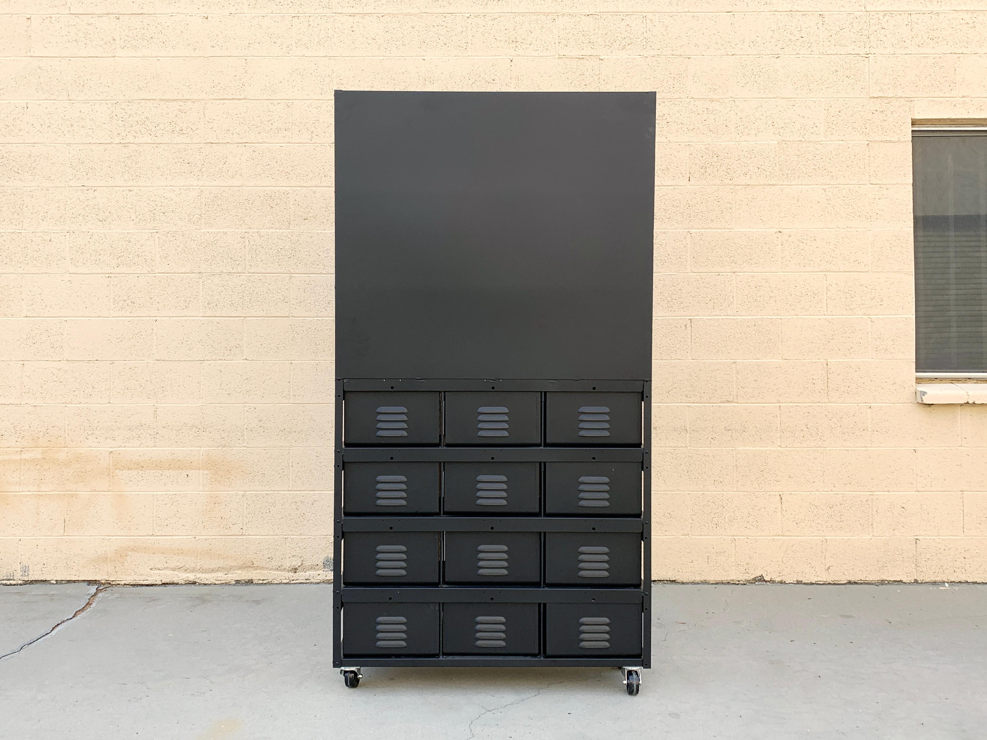 Custom 3 x 4 Locker Basket Unit on Casters with Three Shelves, Matte Black In Excellent Condition For Sale In Alhambra, CA