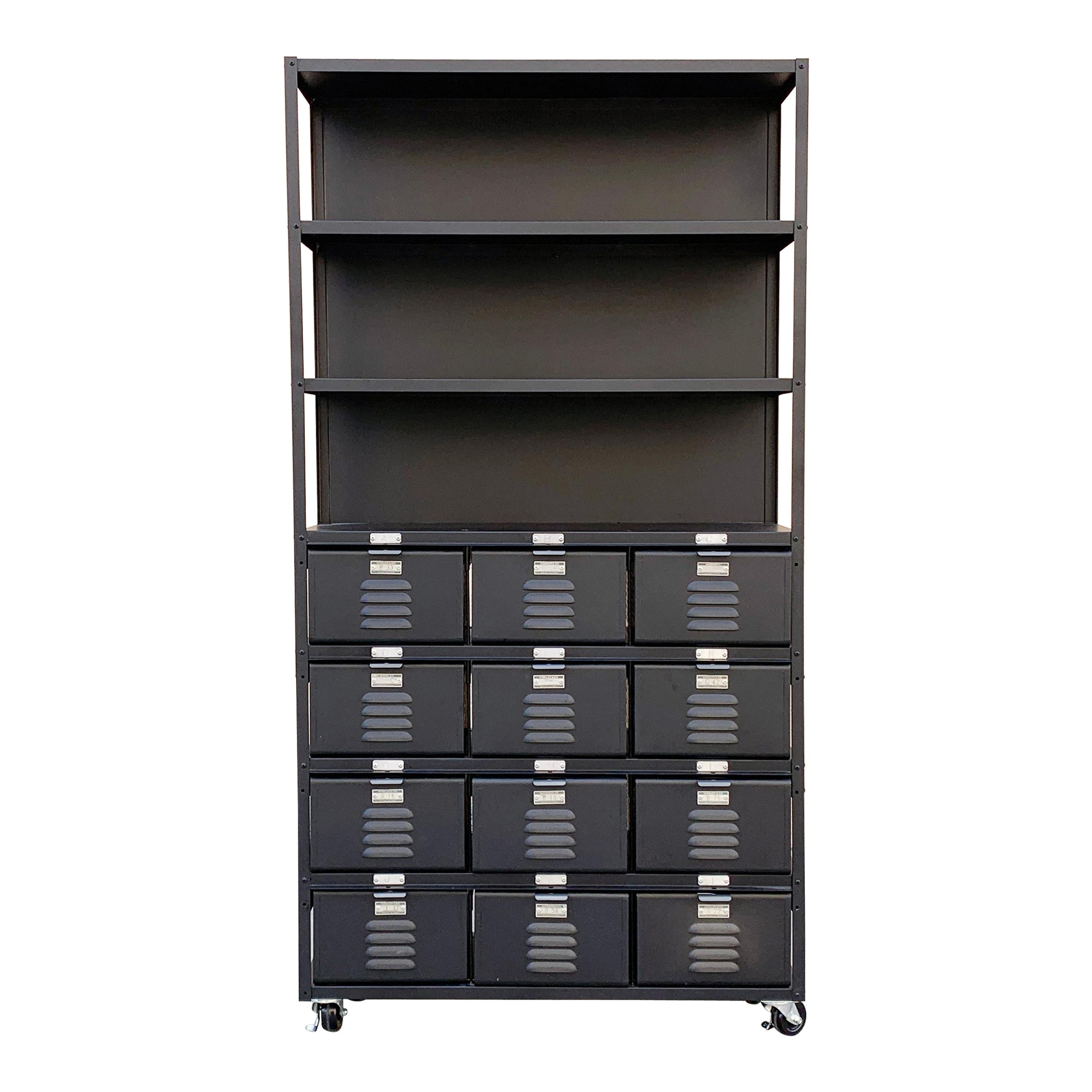 Custom 3 x 4 Locker Basket Unit on Casters with Three Shelves, Matte Black For Sale