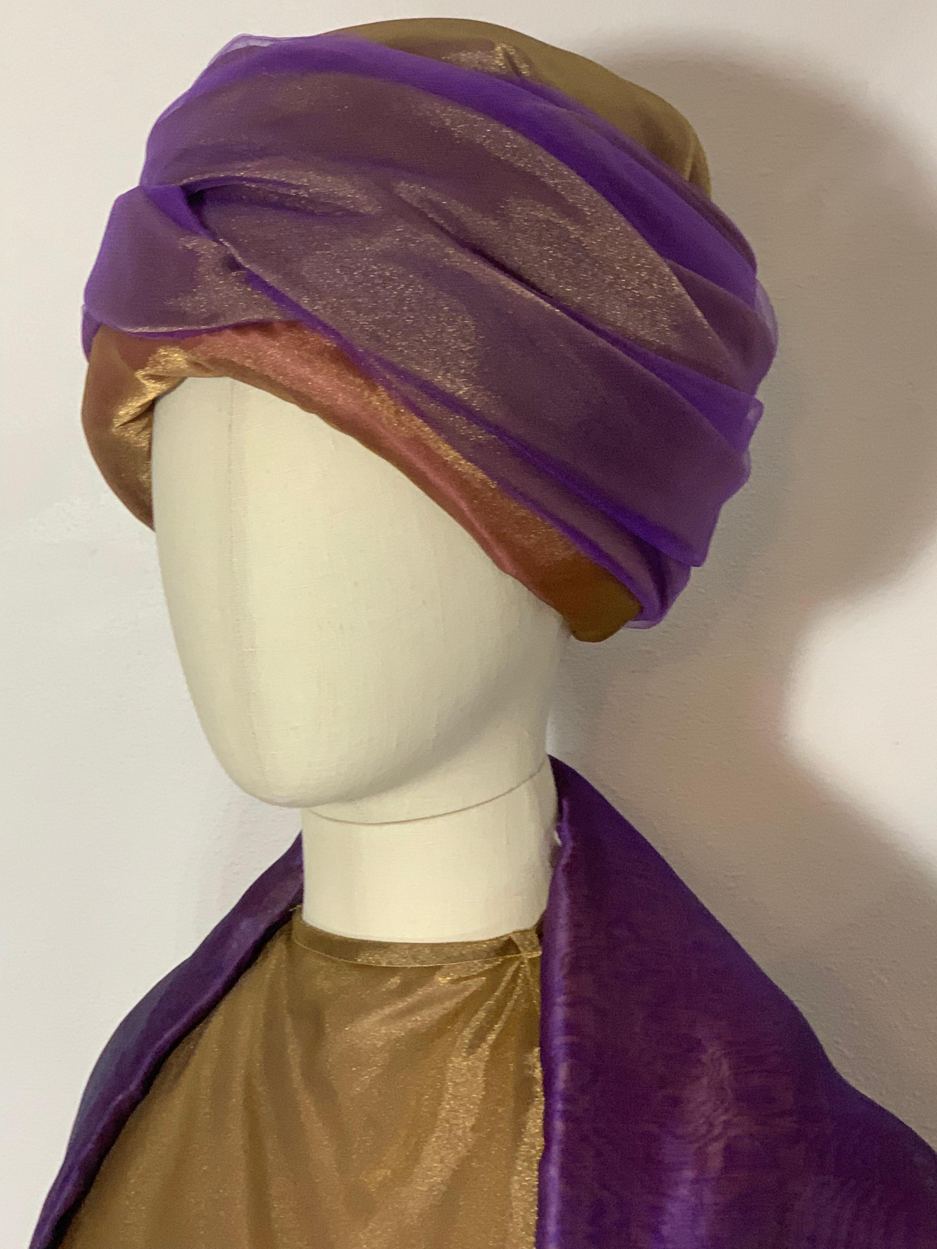 Custom 4-Piece Purple/Gold Shot Silk Ensemble: Halter Skirt Jacket and Turban For Sale 6