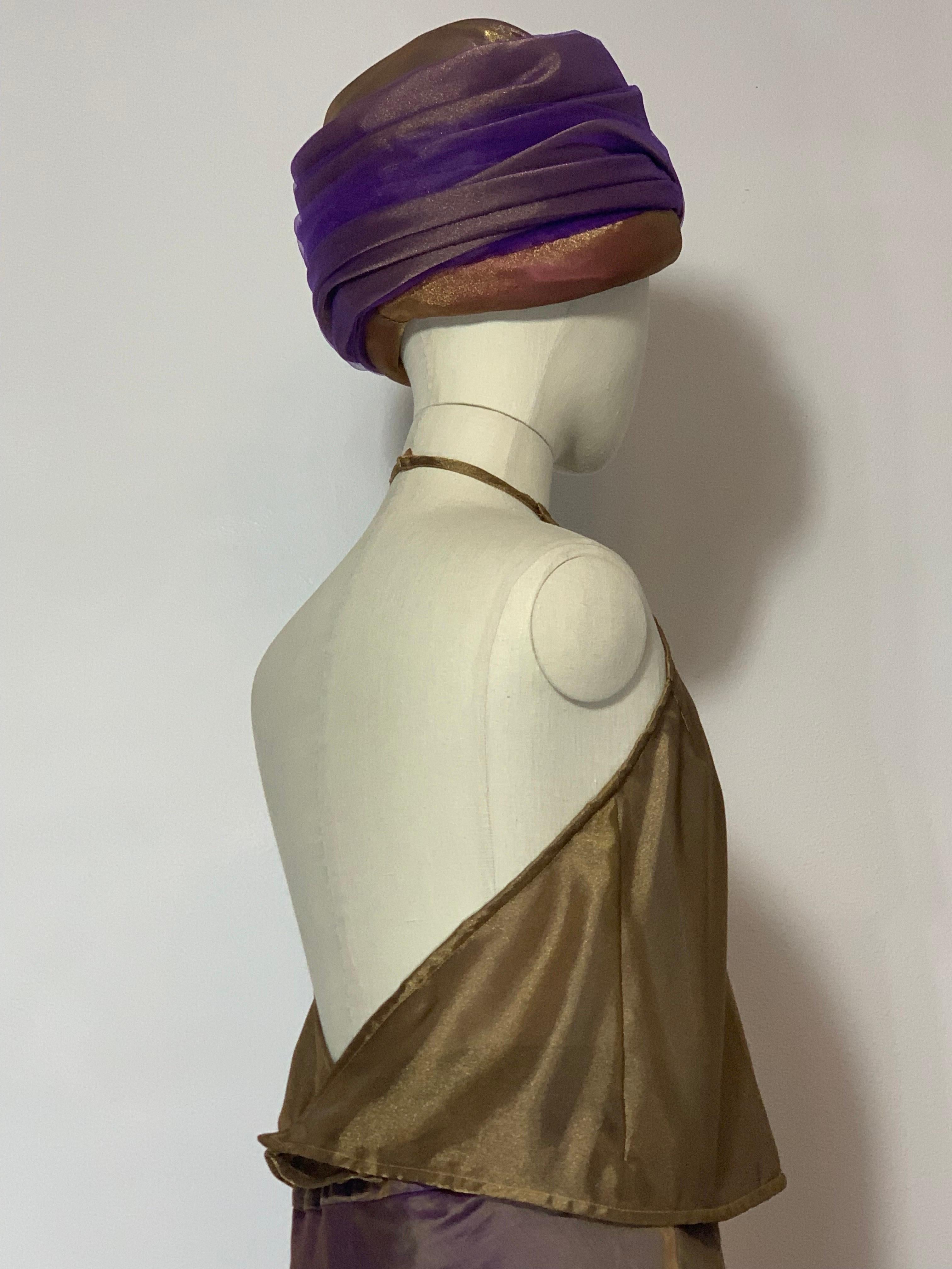 Custom 4-Piece Purple/Gold Shot Silk Ensemble: Halter Skirt Jacket and Turban For Sale 8