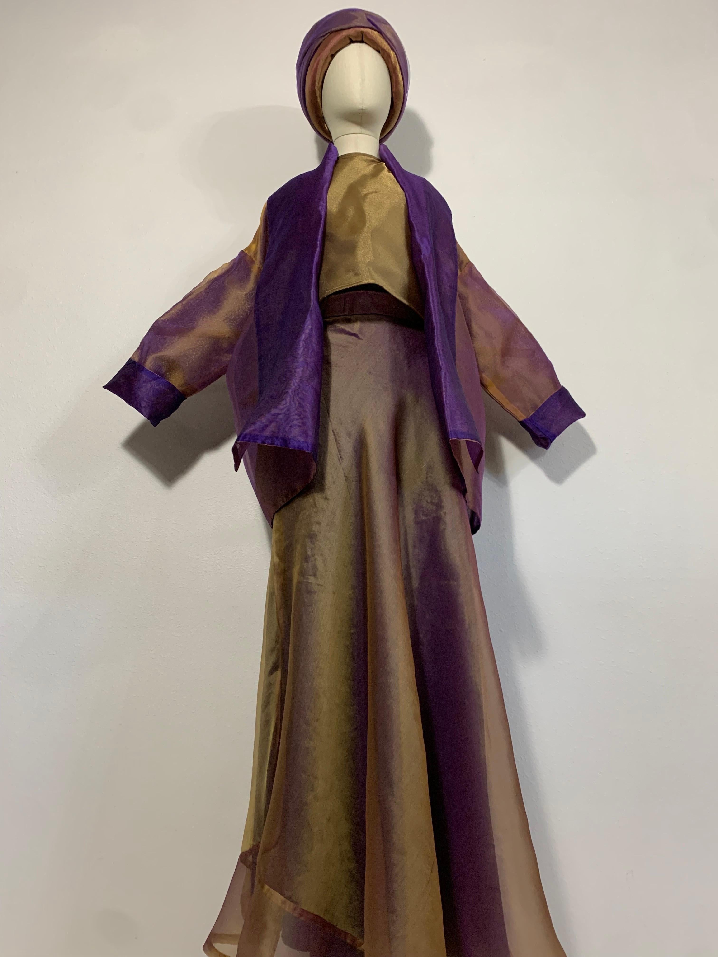 Custom 4-Piece Purple/Gold Shot Silk Ensemble: Halter Skirt Jacket and Turban: Semi-sheer silk is layered with contrasting amethyst and gold in every part of this spectacular ensemble!  Halter top is bias cut and plunges deep at the back with hook