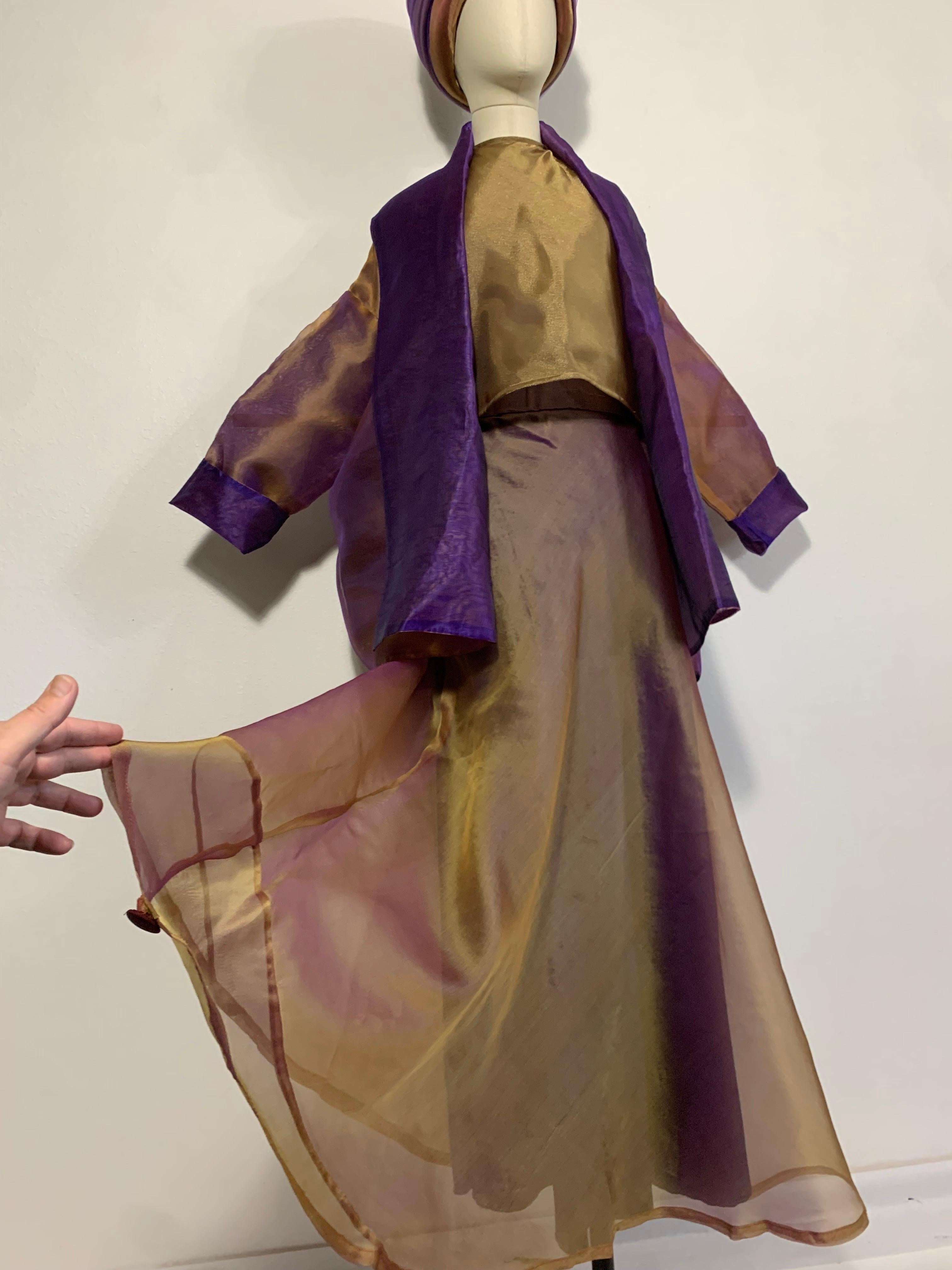 Women's Custom 4-Piece Purple/Gold Shot Silk Ensemble: Halter Skirt Jacket and Turban For Sale