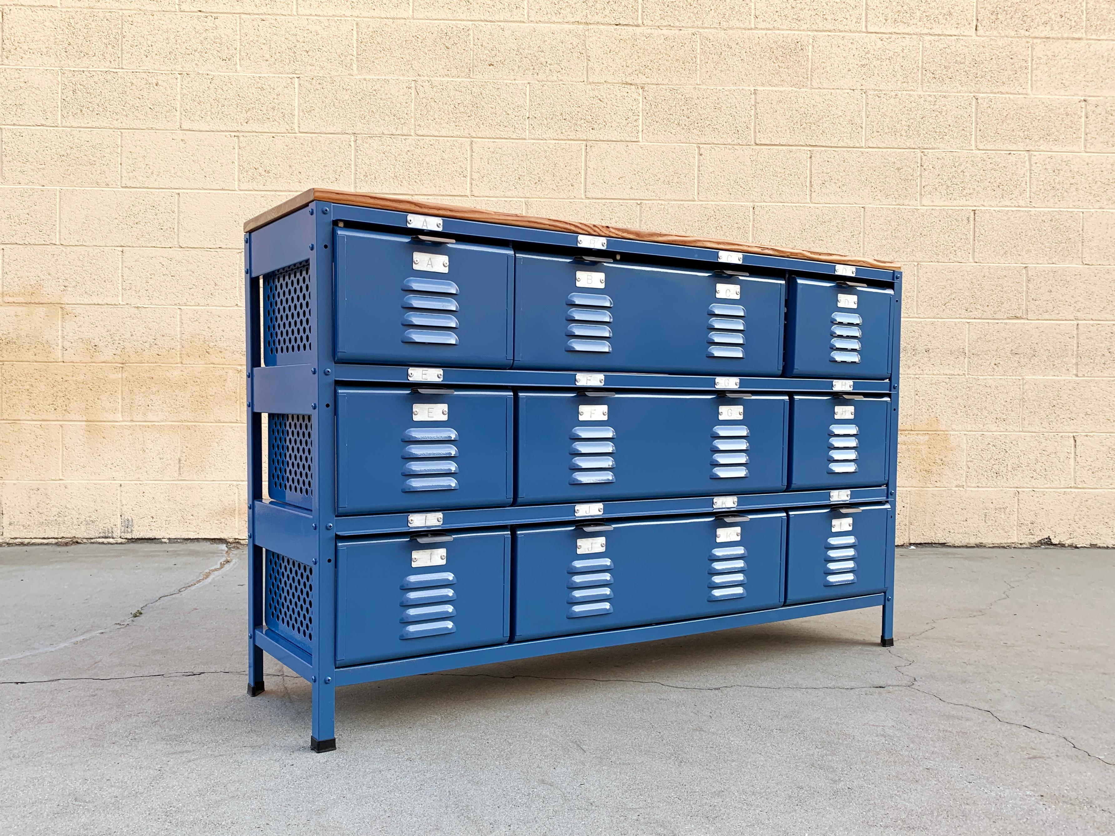 Return Policy: This is a custom made piece. All sales final on custom orders and custom fabrications.

Custom made 4 x 3 locker basket unit featuring a special reclaimed barn wood top.

Our all new, custom fabricated 4 wide x 3 high locker
