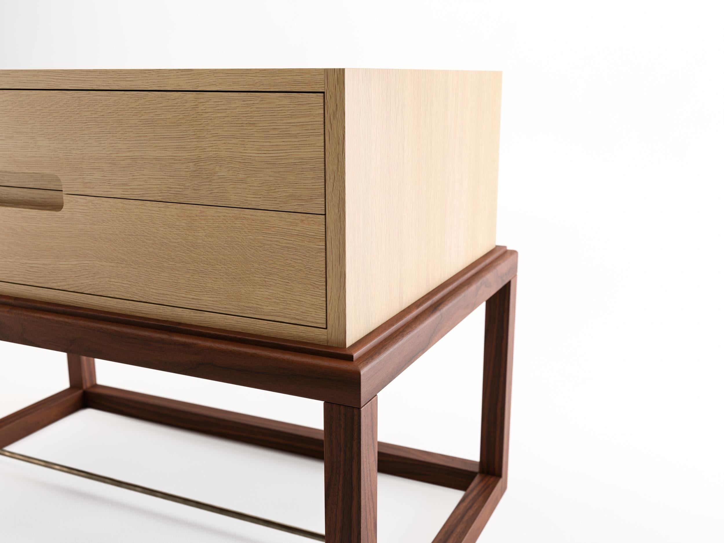 New Zealand Custom Oona Bedside in Oak and Walnut with Antique Brass Fittings For Sale