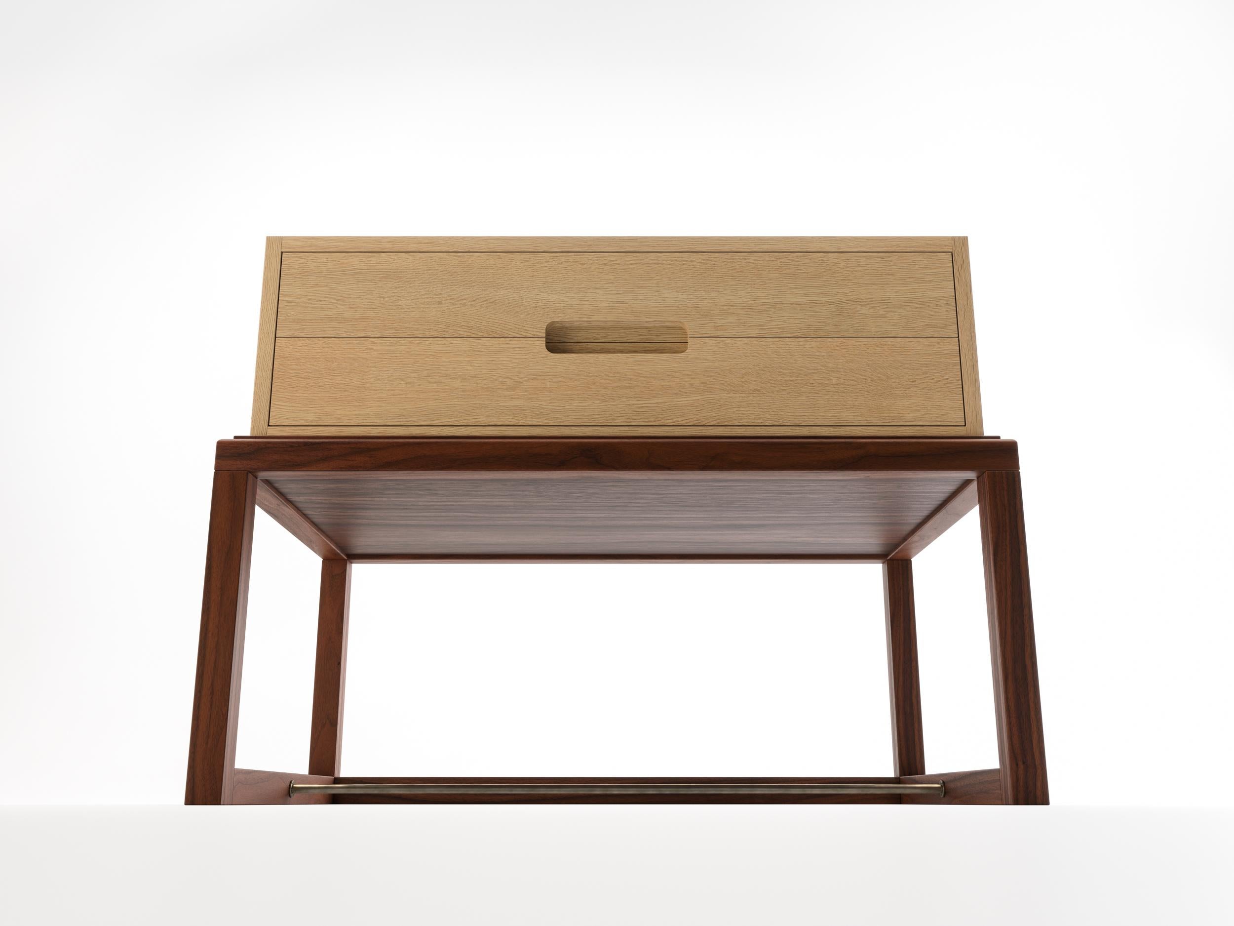Contemporary Custom Oona Bedside in Oak and Walnut with Antique Brass Fittings For Sale