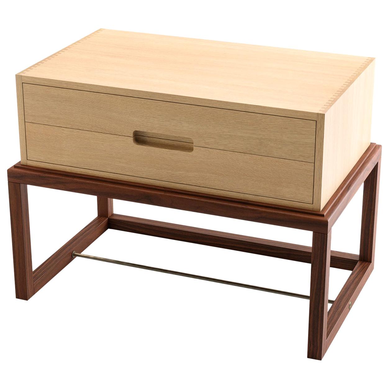 Custom Oona Bedside in Oak and Walnut with Antique Brass Fittings For Sale