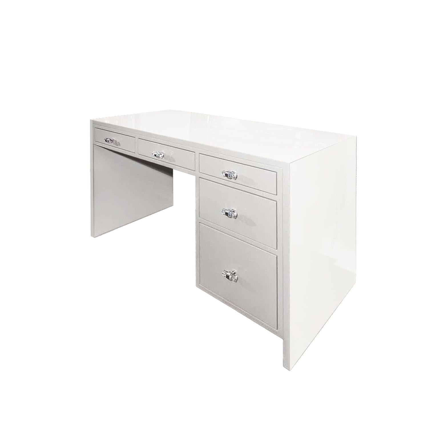 Custom, made to order 5-drawer lacquered desk with polished chrome & lucite pulls.