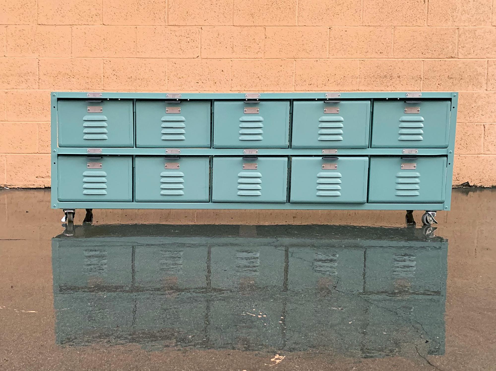 All new, custom fabricated 5 wide x 2 high locker basket unit inspired by those of the 1950s-1960s. Rolls on casters. Powder coated steel available in a range of fun colors-mix and match to your delight! Drawers feature capability to add