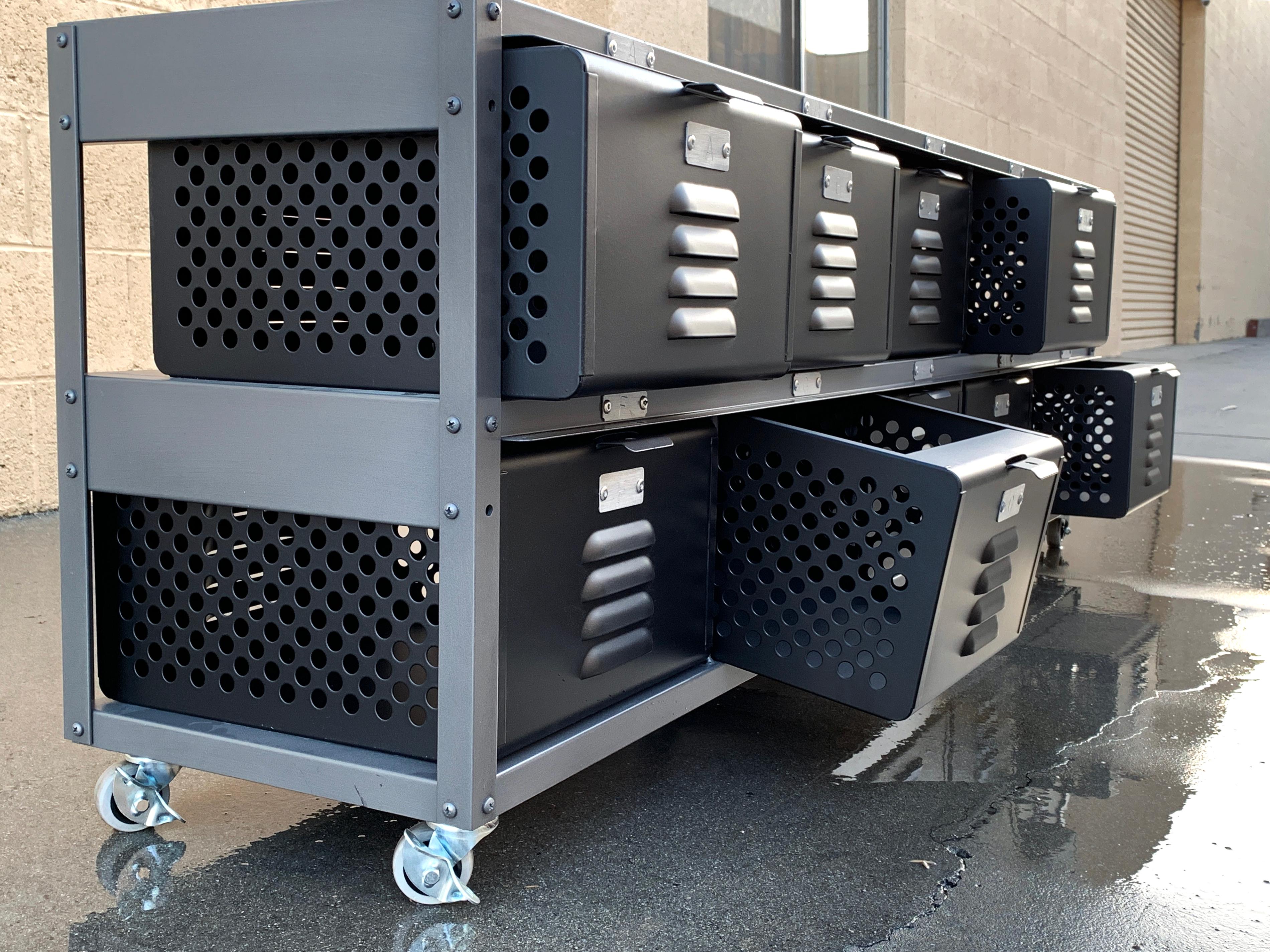 All new, custom fabricated 5 wide x 2 high locker basket unit inspired by those of the 1950s and 60s. Rolls on casters. Powder coated steel available in a range of fun colors- mix and match to your delight! Drawers feature capability to add