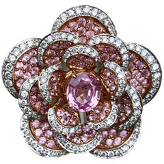 Custom 5.81 Carat Pink Sapphire and Diamond Flower Ring in 18 Karat Rose Gold Custom 5.81 Carat Pink Sapphire and Diamond Flower Ring in 18 Karat Rose Gold