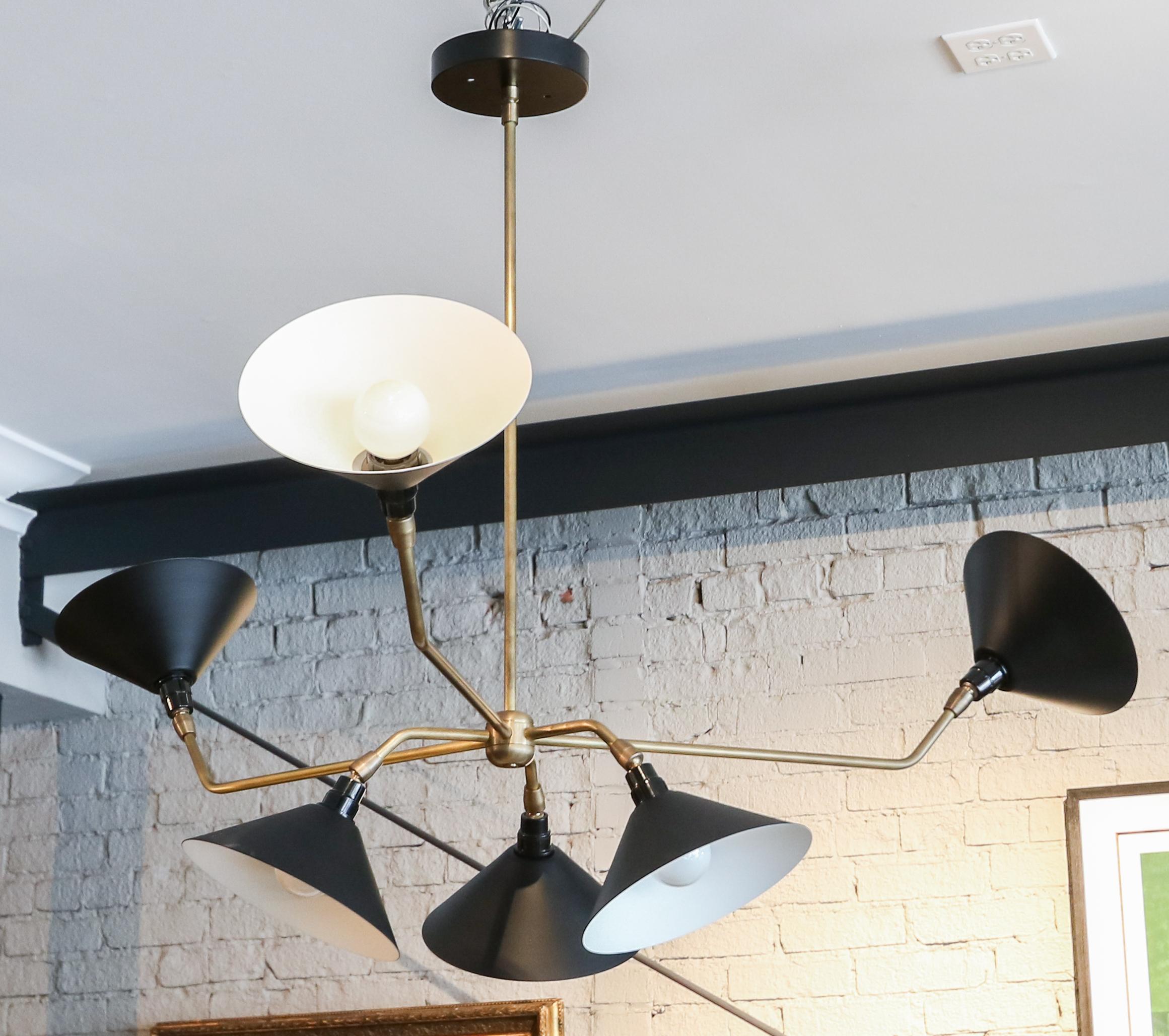 Custom 6 Arm Black Metal & Brass Midcentury Style Chandelier by Adesso Imports For Sale 4
