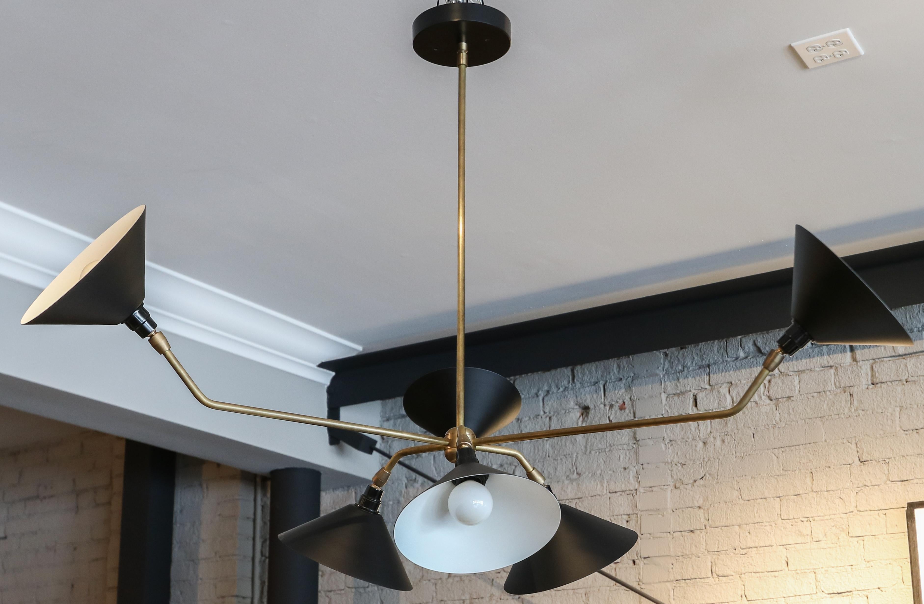 Custom midcentury style chandelier with brass frame and six arms with black metal shades by Adesso Imports. Can be done in different sizes, configurations and colors.