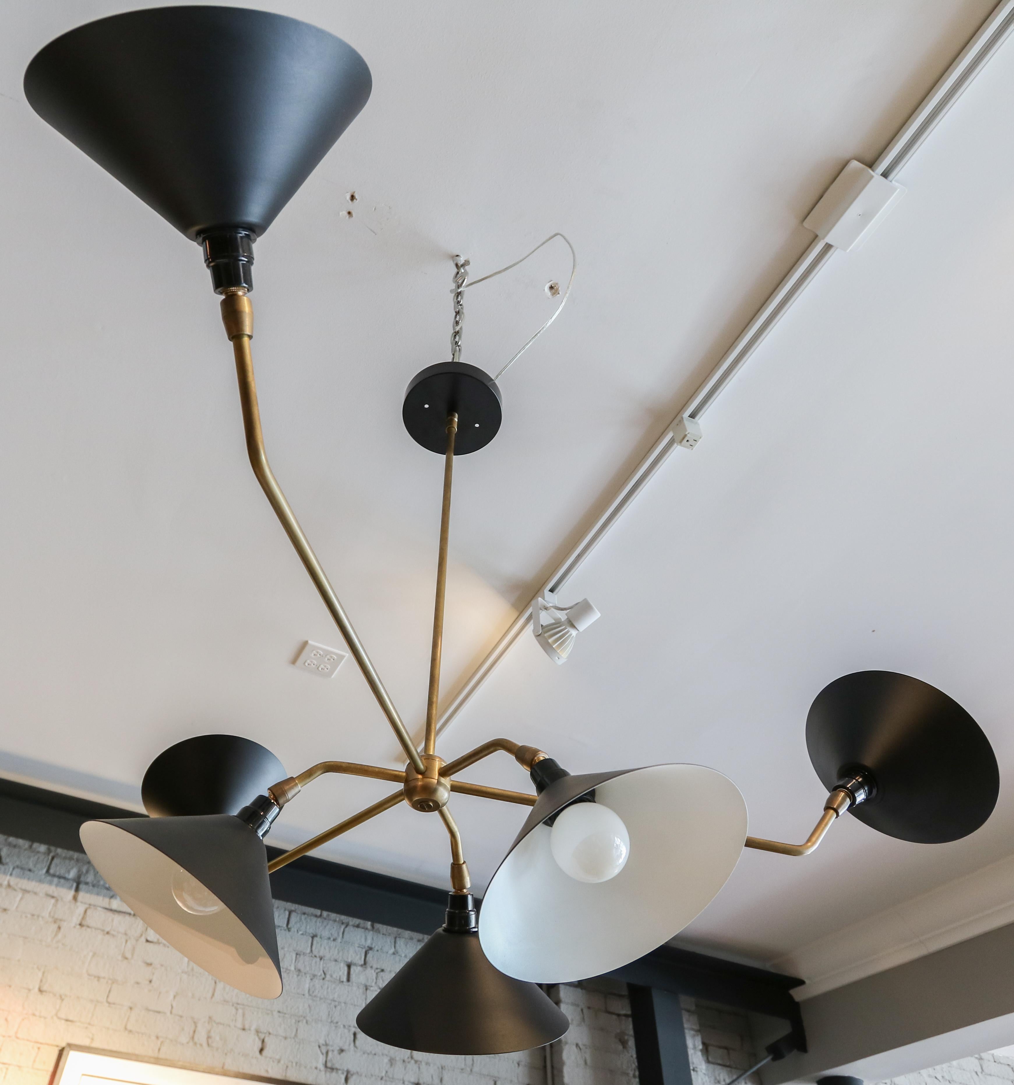 Custom 6 Arm Black Metal & Brass Midcentury Style Chandelier by Adesso Imports In New Condition For Sale In Los Angeles, CA