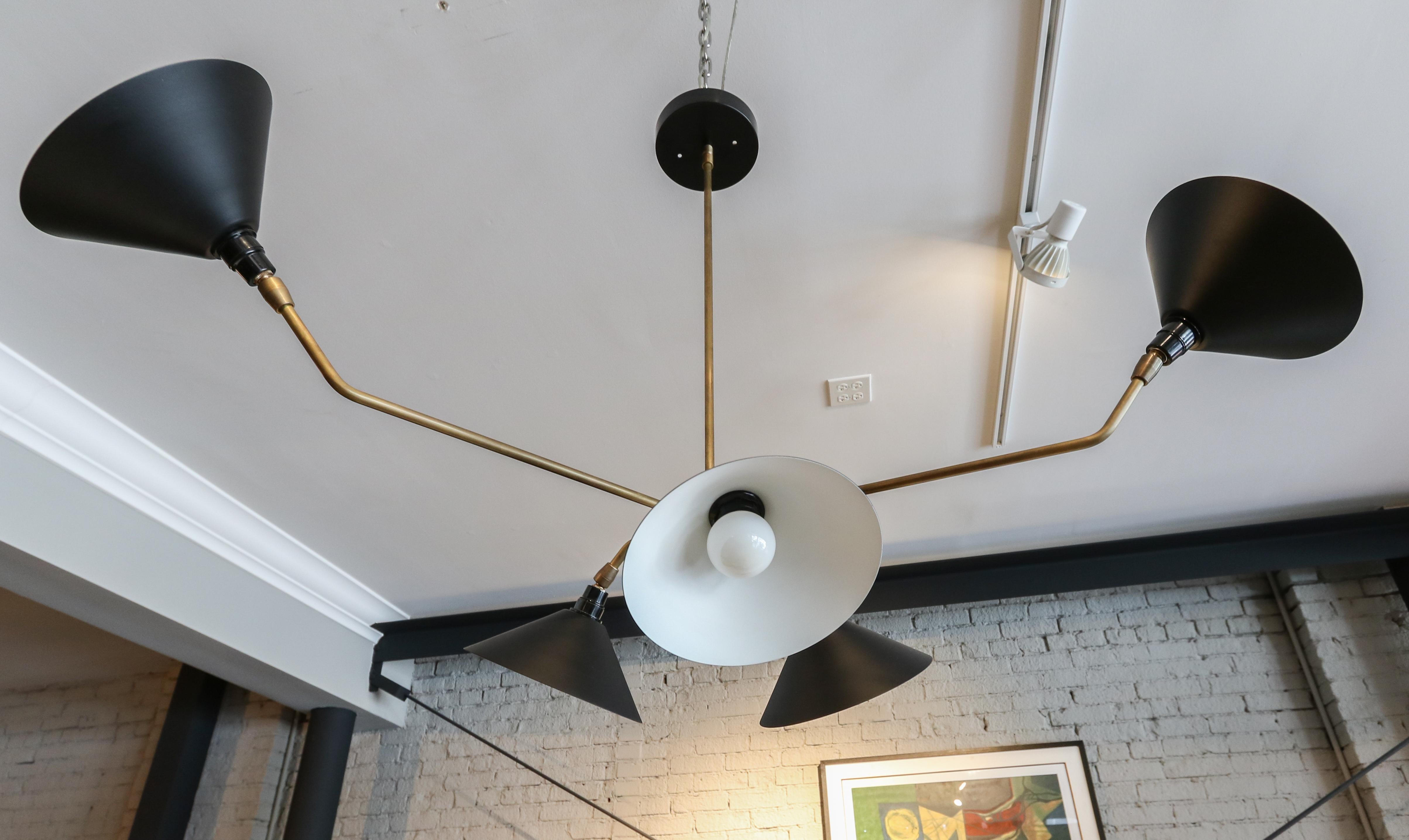 Contemporary Custom 6 Arm Black Metal & Brass Midcentury Style Chandelier by Adesso Imports For Sale