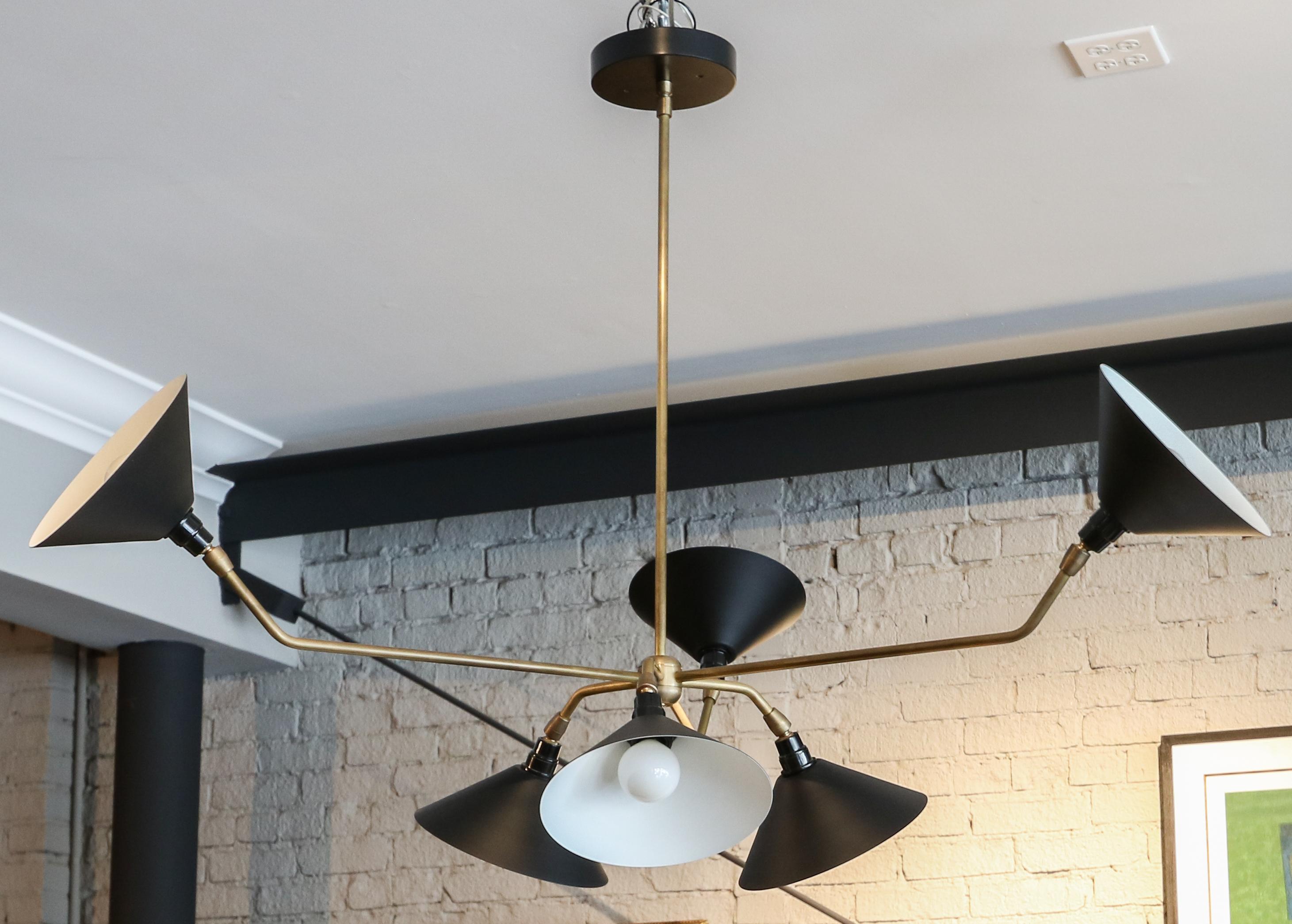 Custom 6 Arm Black Metal & Brass Midcentury Style Chandelier by Adesso Imports For Sale 2