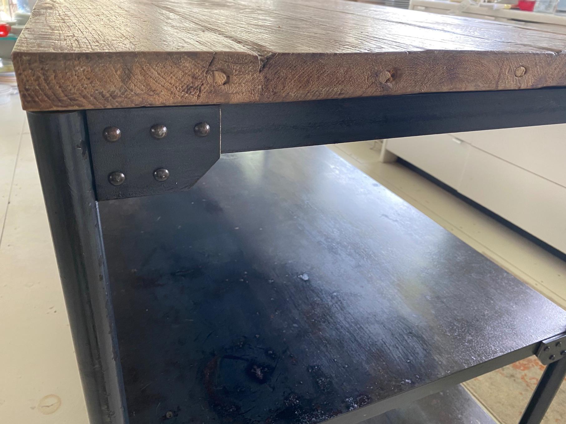 Hand-Crafted Custom Industrial Iron Base Teak Top Kitchen Island For Sale