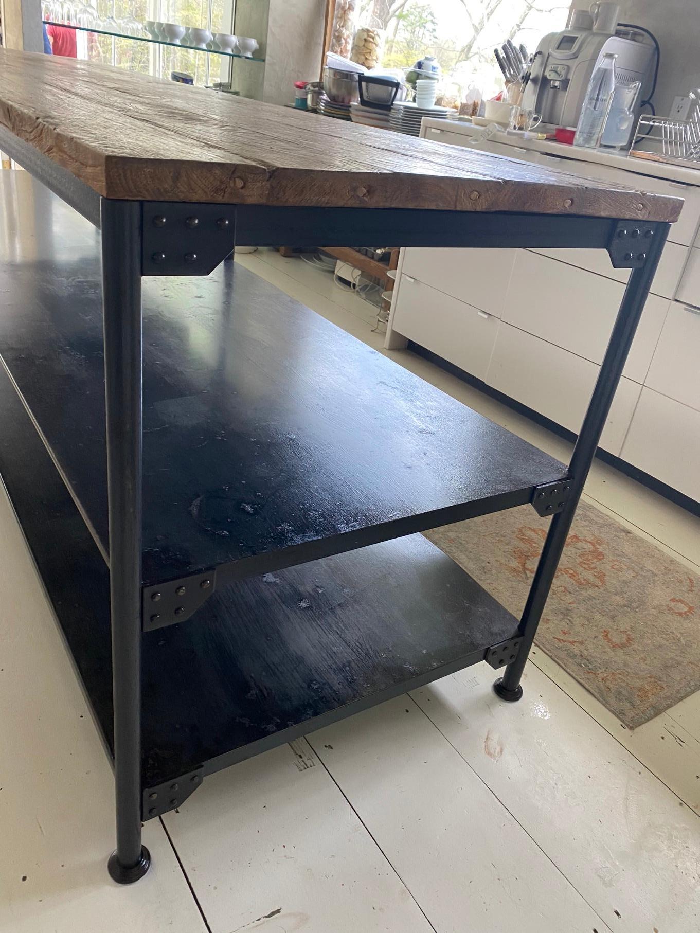 Custom Industrial Iron Base Teak Top Kitchen Island In Good Condition For Sale In Sheffield, MA