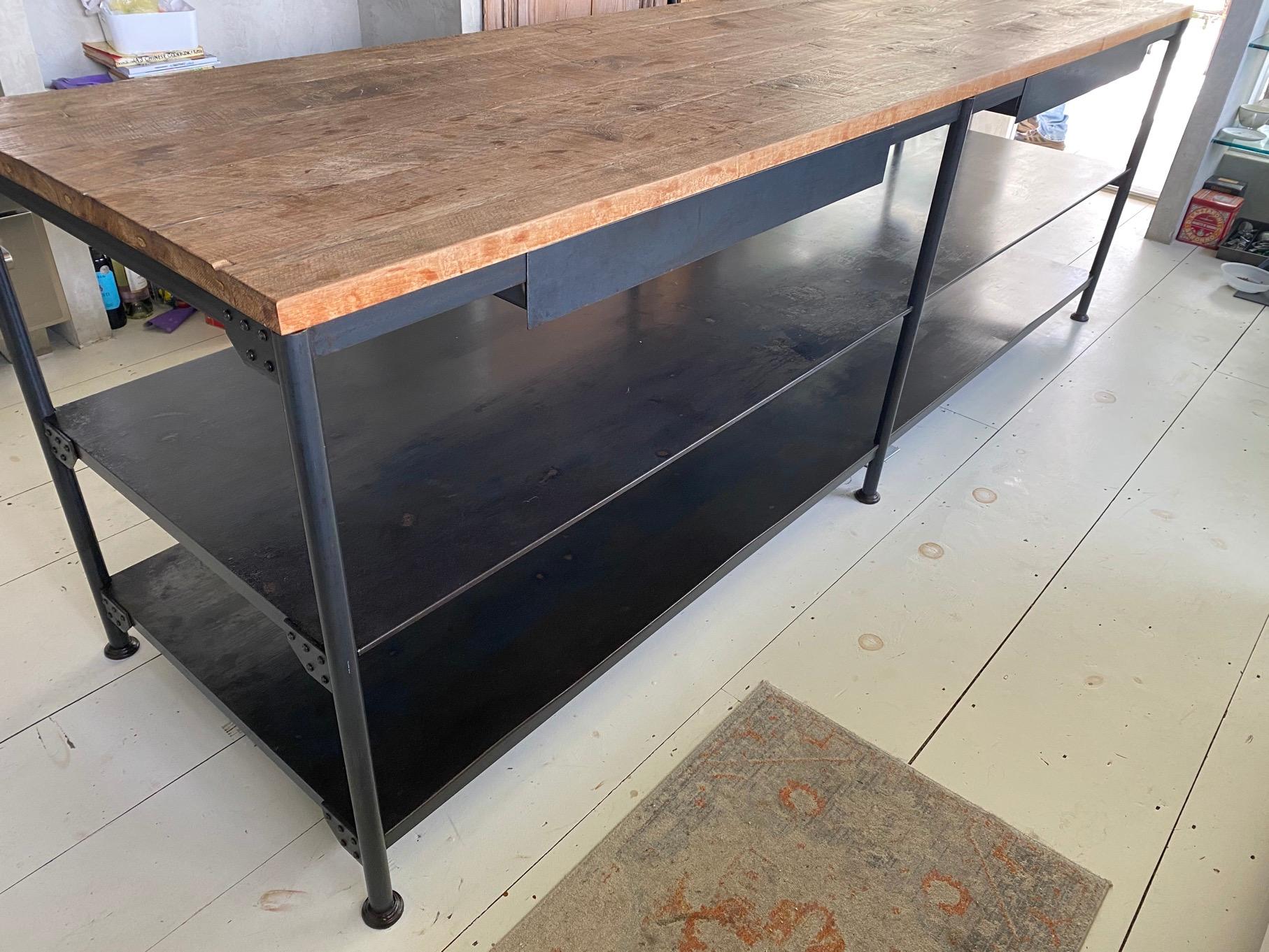 Contemporary Custom Industrial Iron Base Teak Top Kitchen Island For Sale