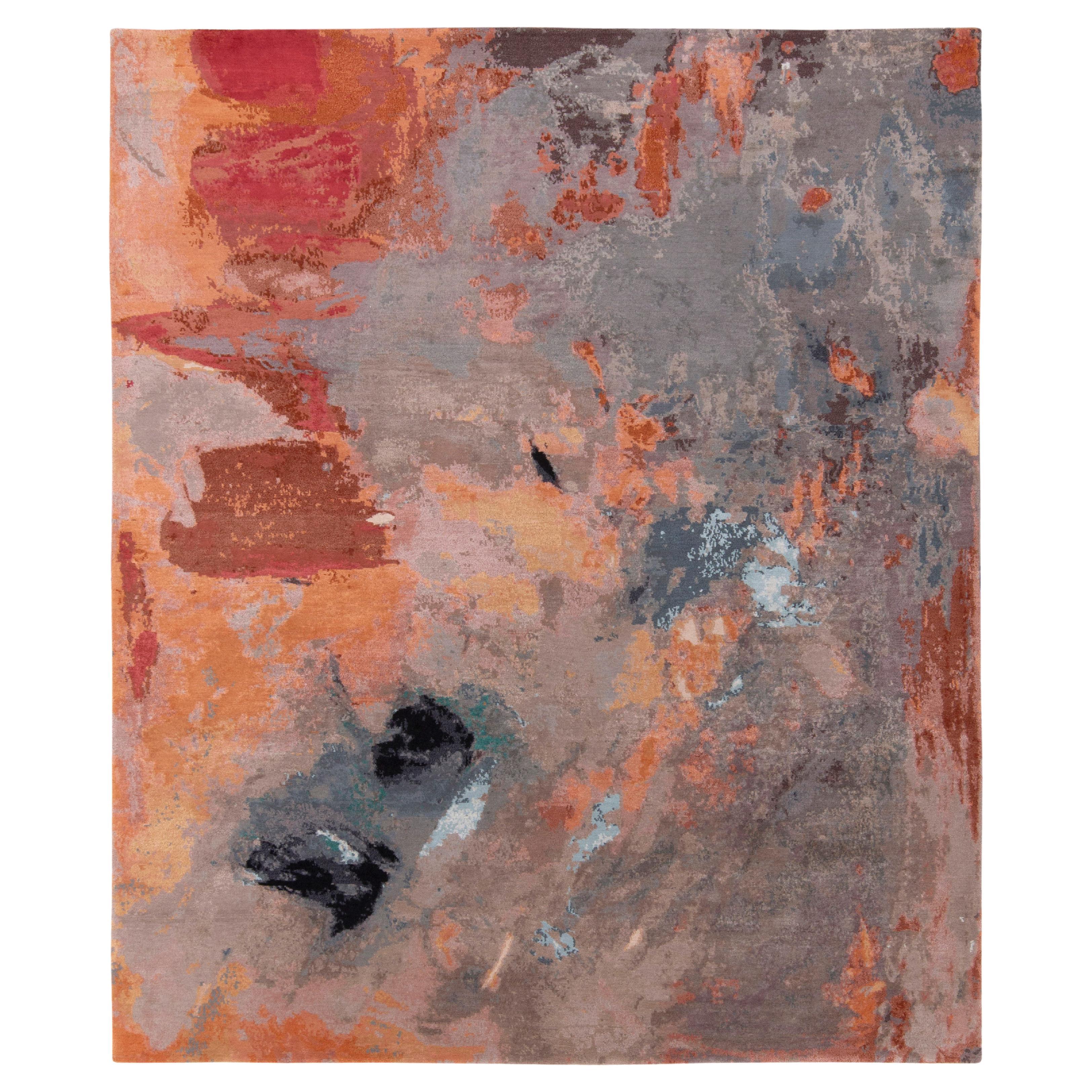 Abstrakter Teppich & Kelim-Teppich in Grau-Blau, Orange, Rot mit malerischem Muster
