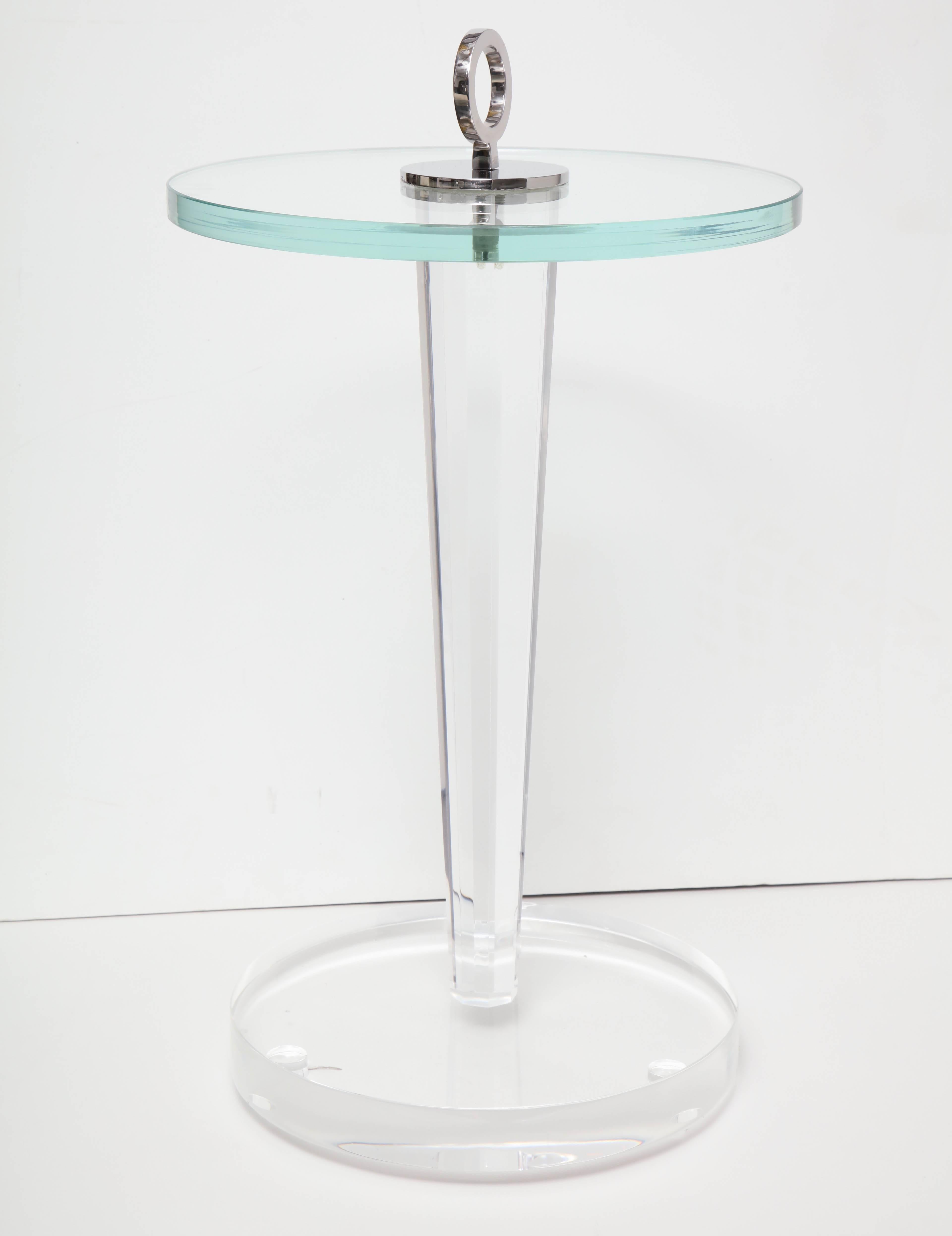 Custom acrylic occasional table with glass top and plated nickel ring. Customization is available in different sizes and finishes.