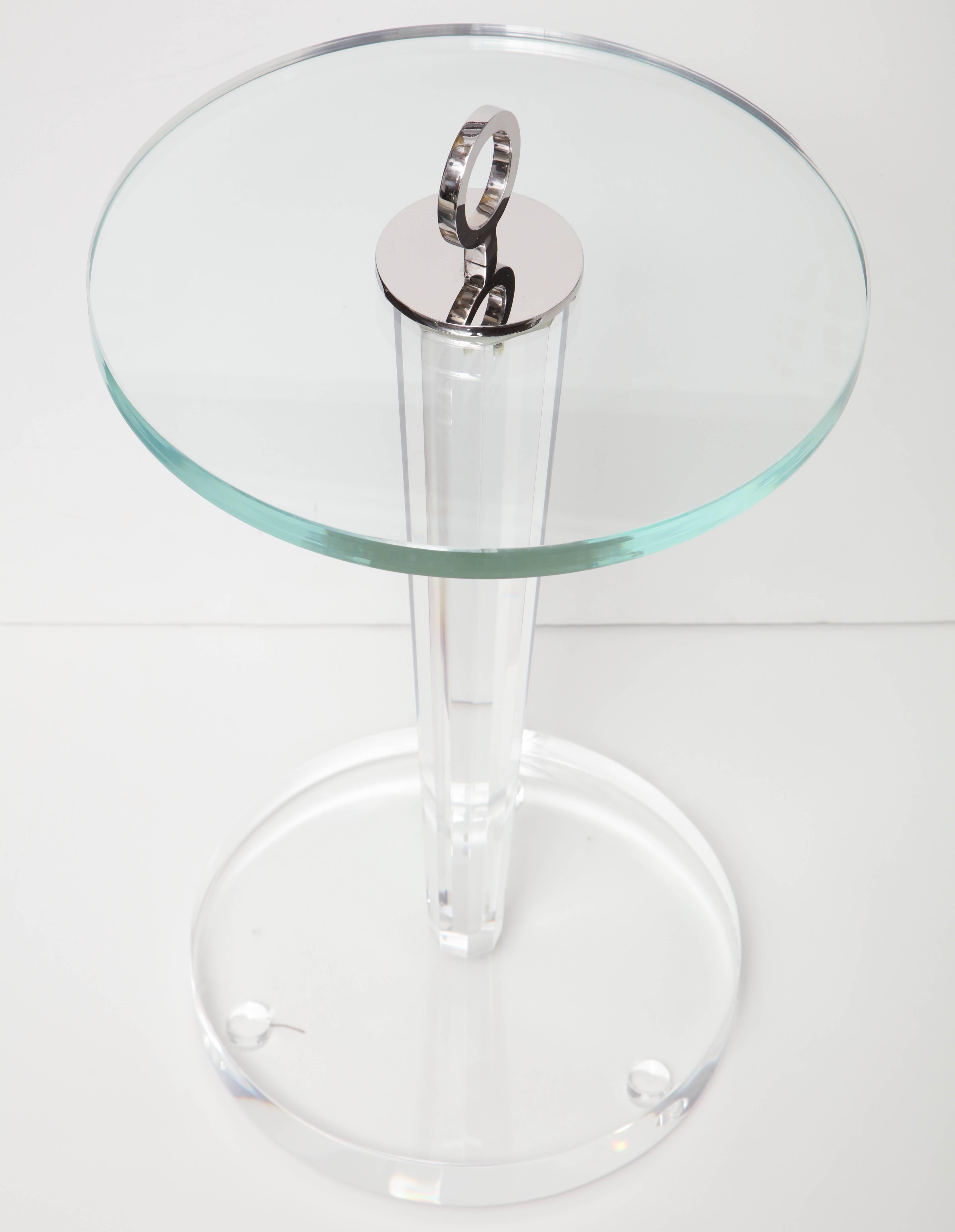 Modern Custom Acrylic Occasional Table with Glass Top and Plated Nickel Ring