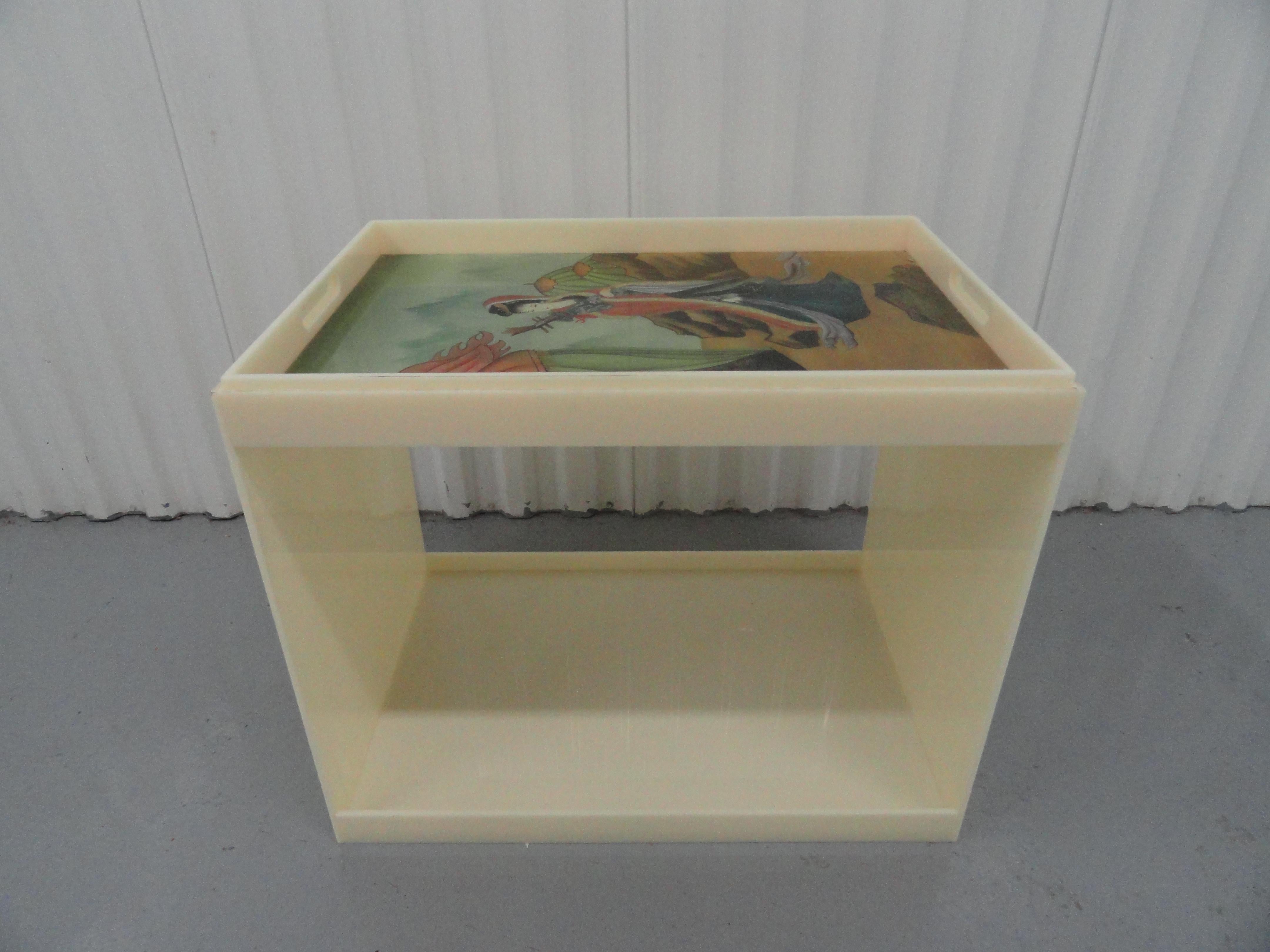 Custom acrylic table with removable top. The top contain an inserted piece of reverse glass painted art of an Asian female figure.