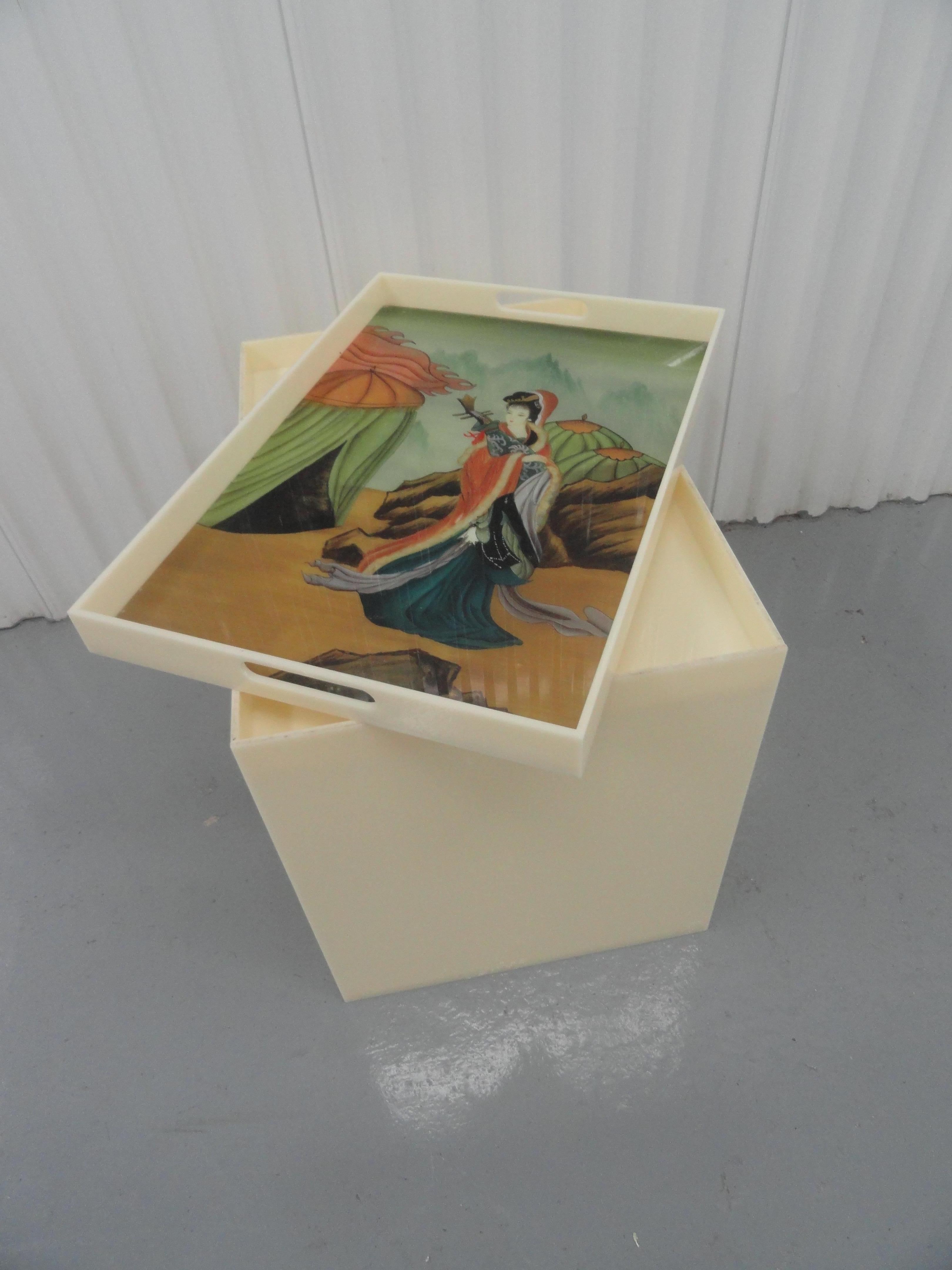 Late 20th Century Custom Acrylic Table with Tray Top with Reverse Glass Painted Art For Sale