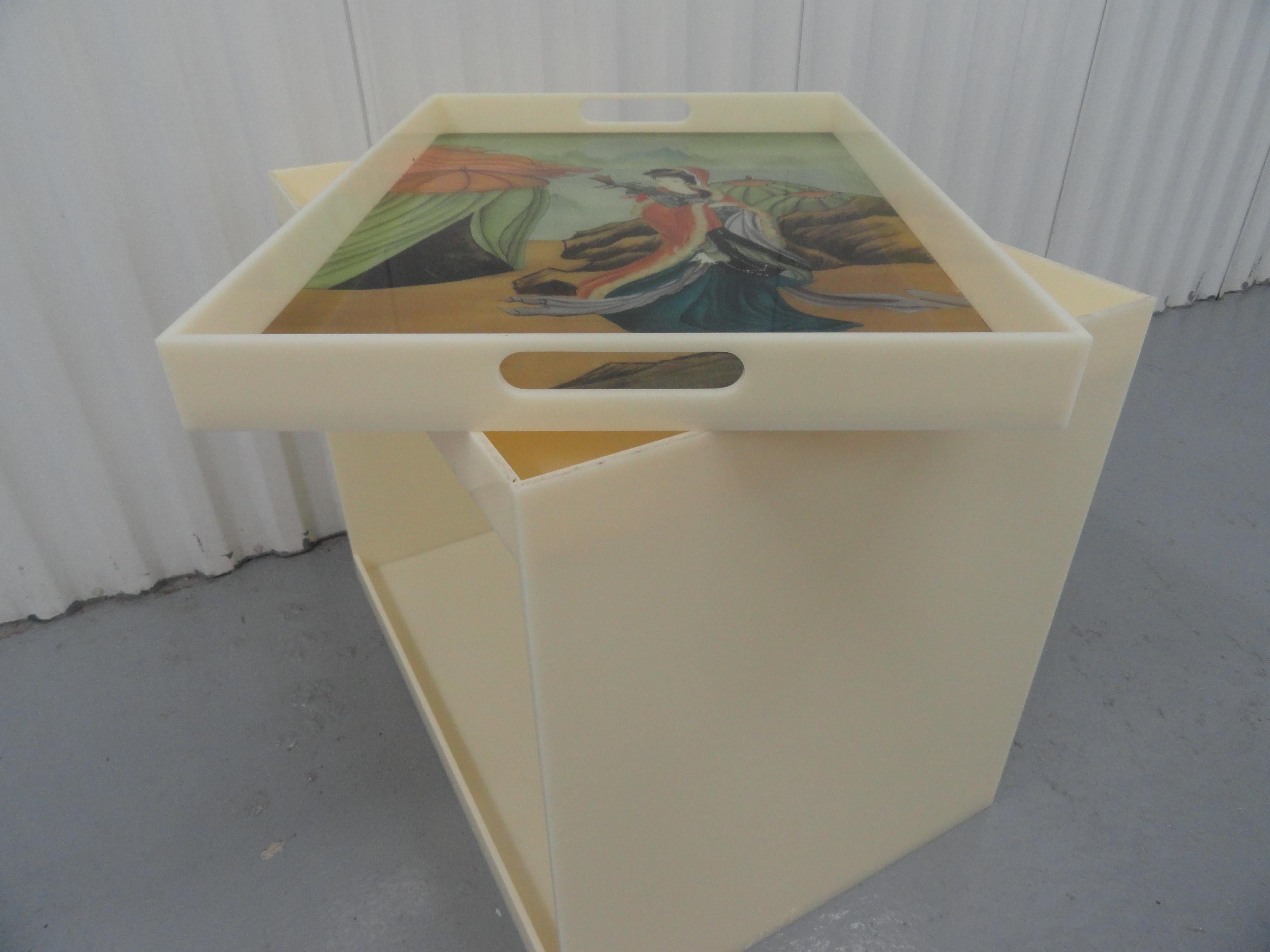 Custom Acrylic Table with Tray Top with Reverse Glass Painted Art For Sale 1