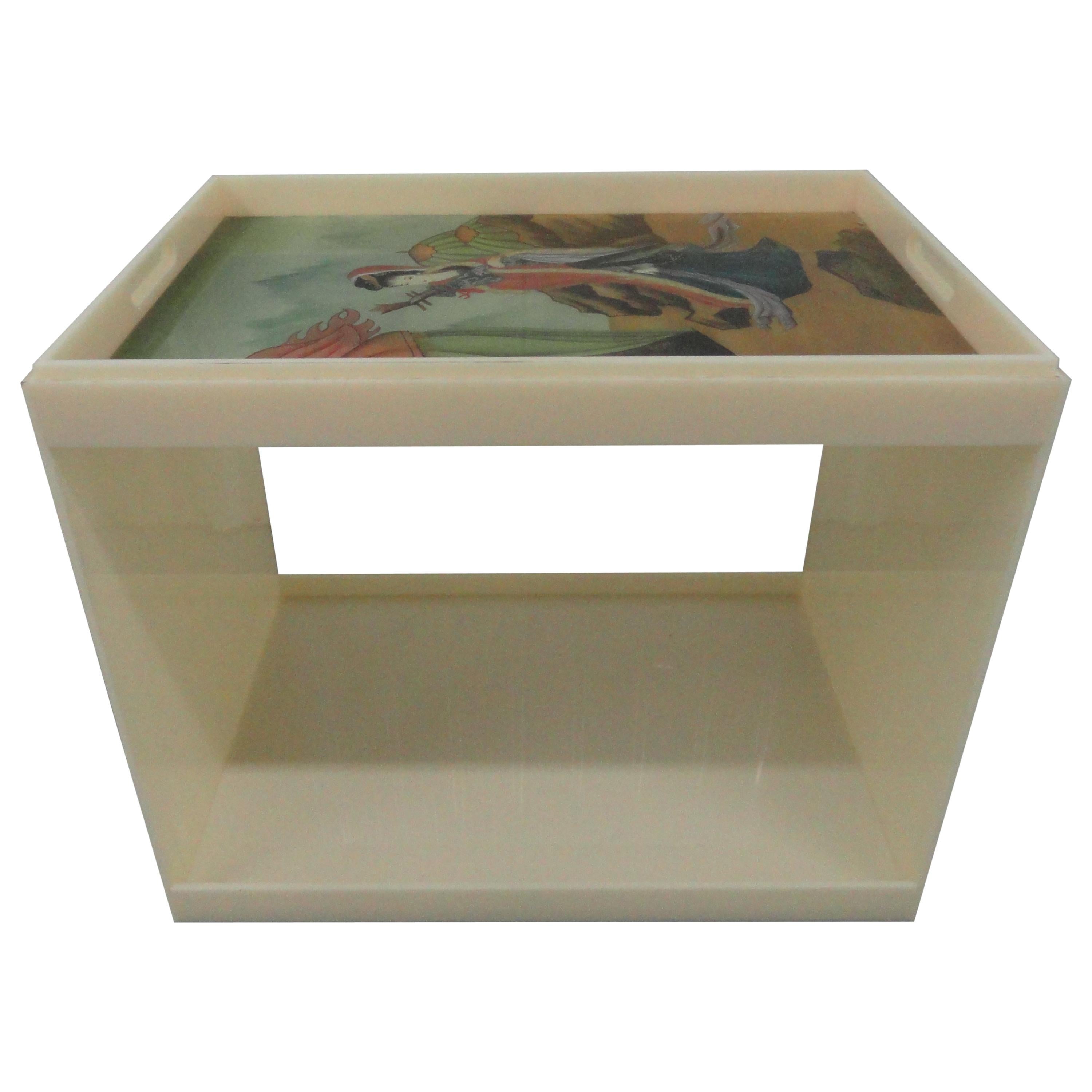 Custom Acrylic Table with Tray Top with Reverse Glass Painted Art For Sale