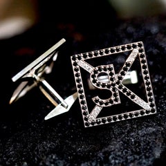 Custom Alphabet Black Diamond White Gold Square Cufflinks