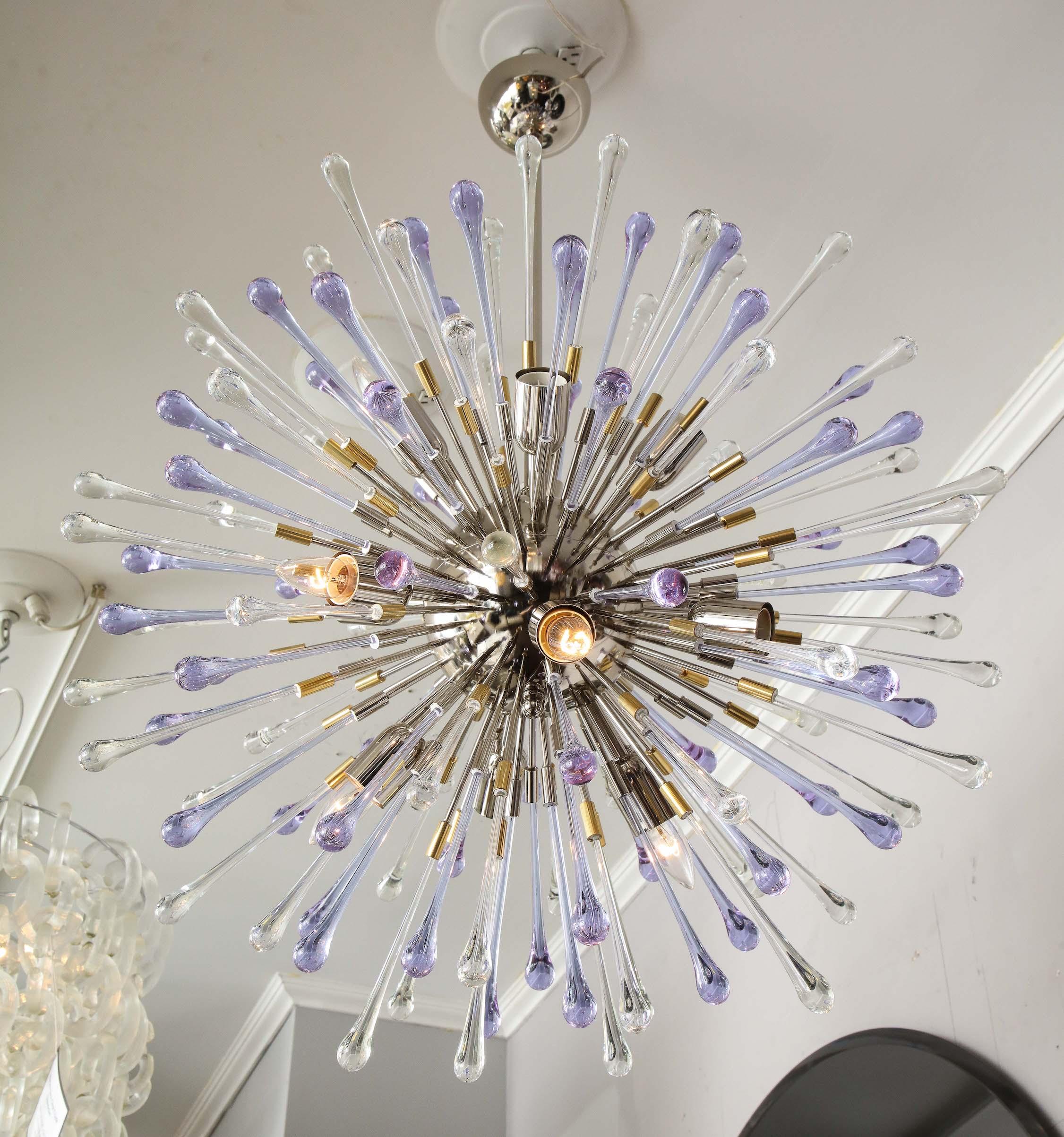 Italian Custom Amethyst and Clear Teardrop Sputnik Chandelier For Sale