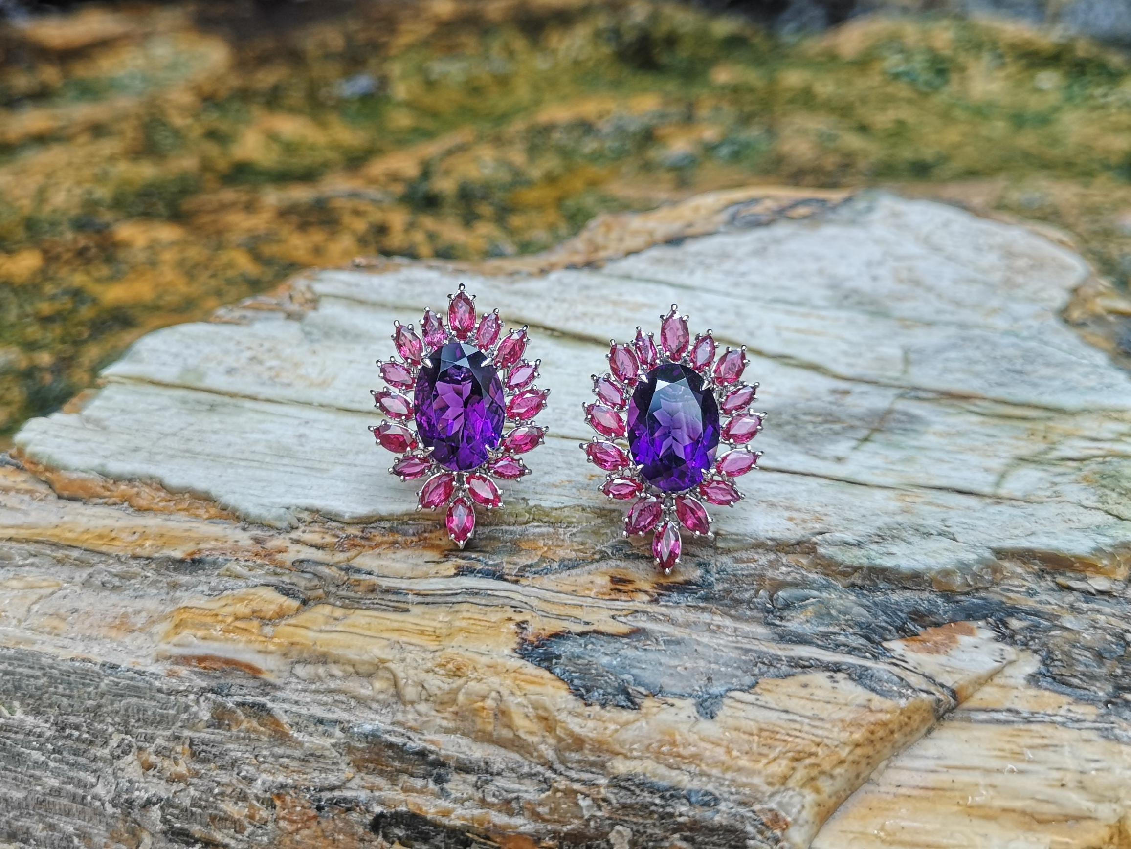 Contemporain Boucles d'oreilles personnalisées en or jaune 18 carats avec améthyste et rubis