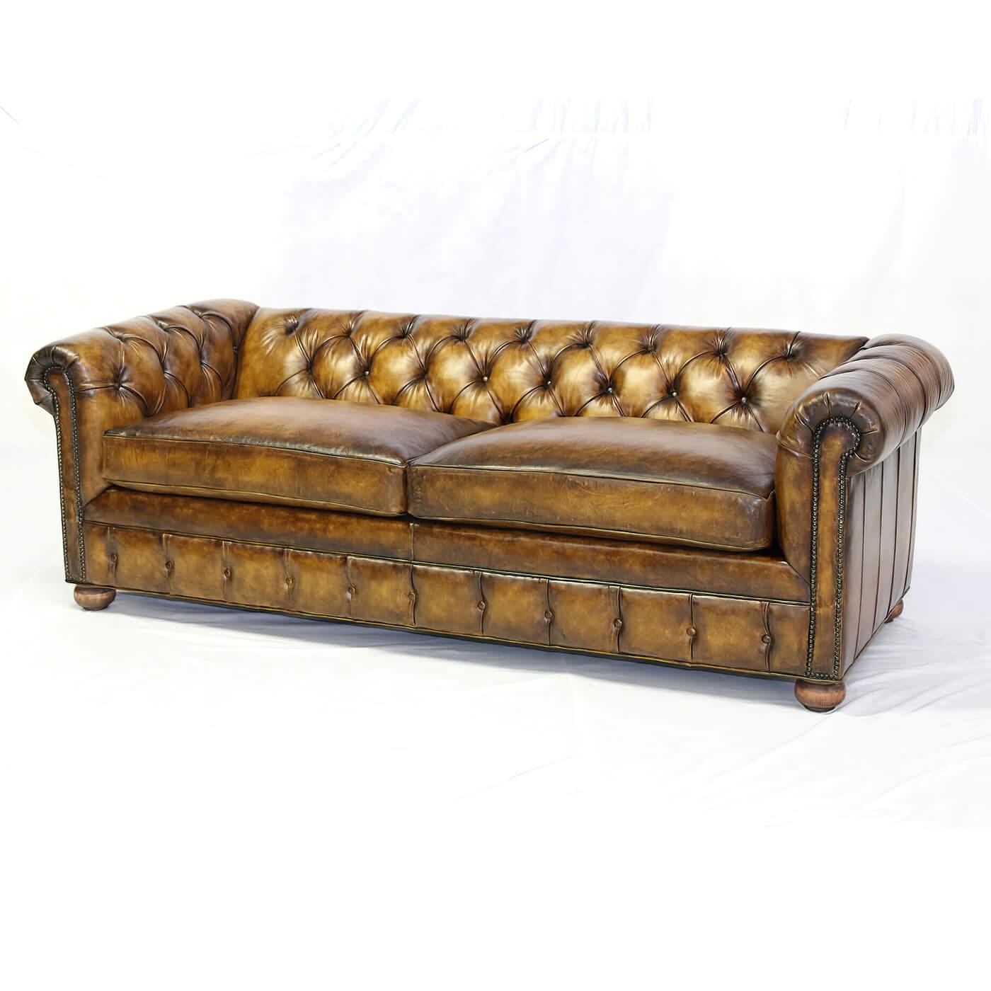 American Custom Antiqued Leather Chesterfield For Sale