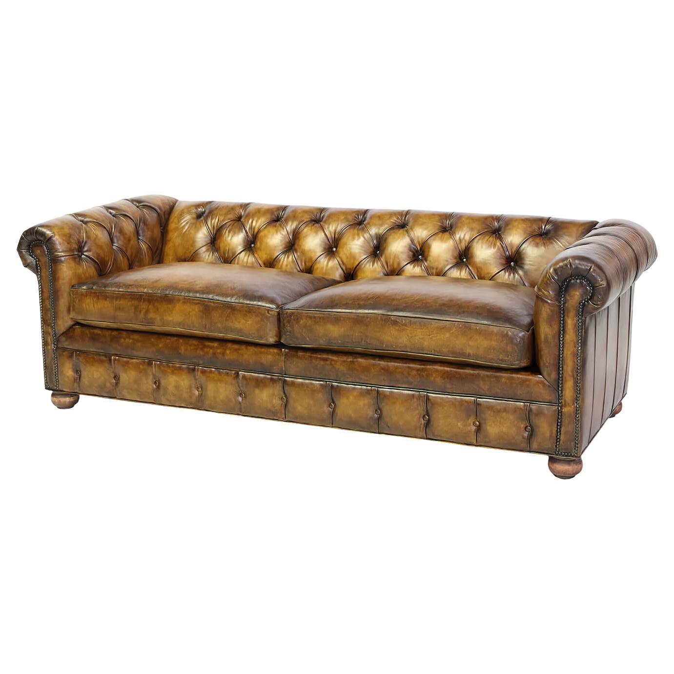 Custom Antiqued Leather Chesterfield For Sale