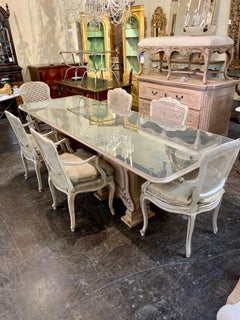 Custom Antiqued Mirrored Dining Table on Pair of French Carved Pine Bases