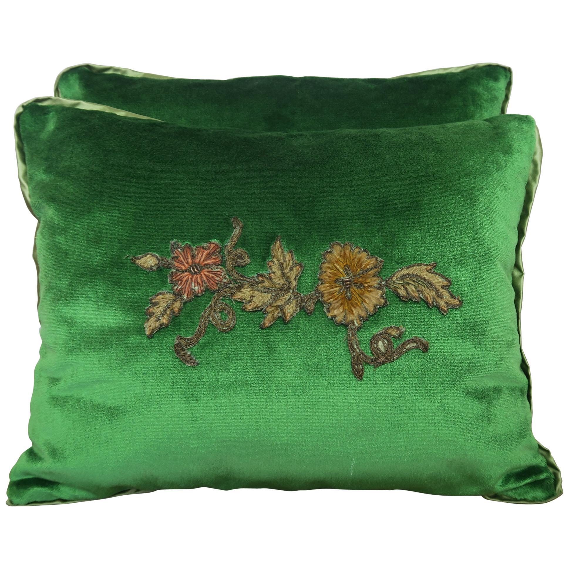 Custom Appliqued Green Silk Velvet Pillows, Pair at 1stDibs