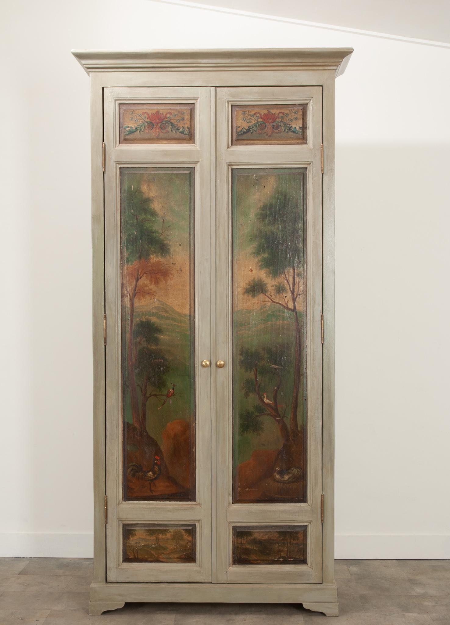 This one of a kind armoire was custom made to showcase the fabulous pair of 19th century painted boiserie panels that now serve as the doors. Boiserie panels rose in popularity during the 18th century as a way to emulate the grandeur of the French