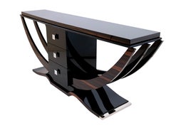 Custom Art Deco Console Table in Macassar, Black Lacquer and Chrome