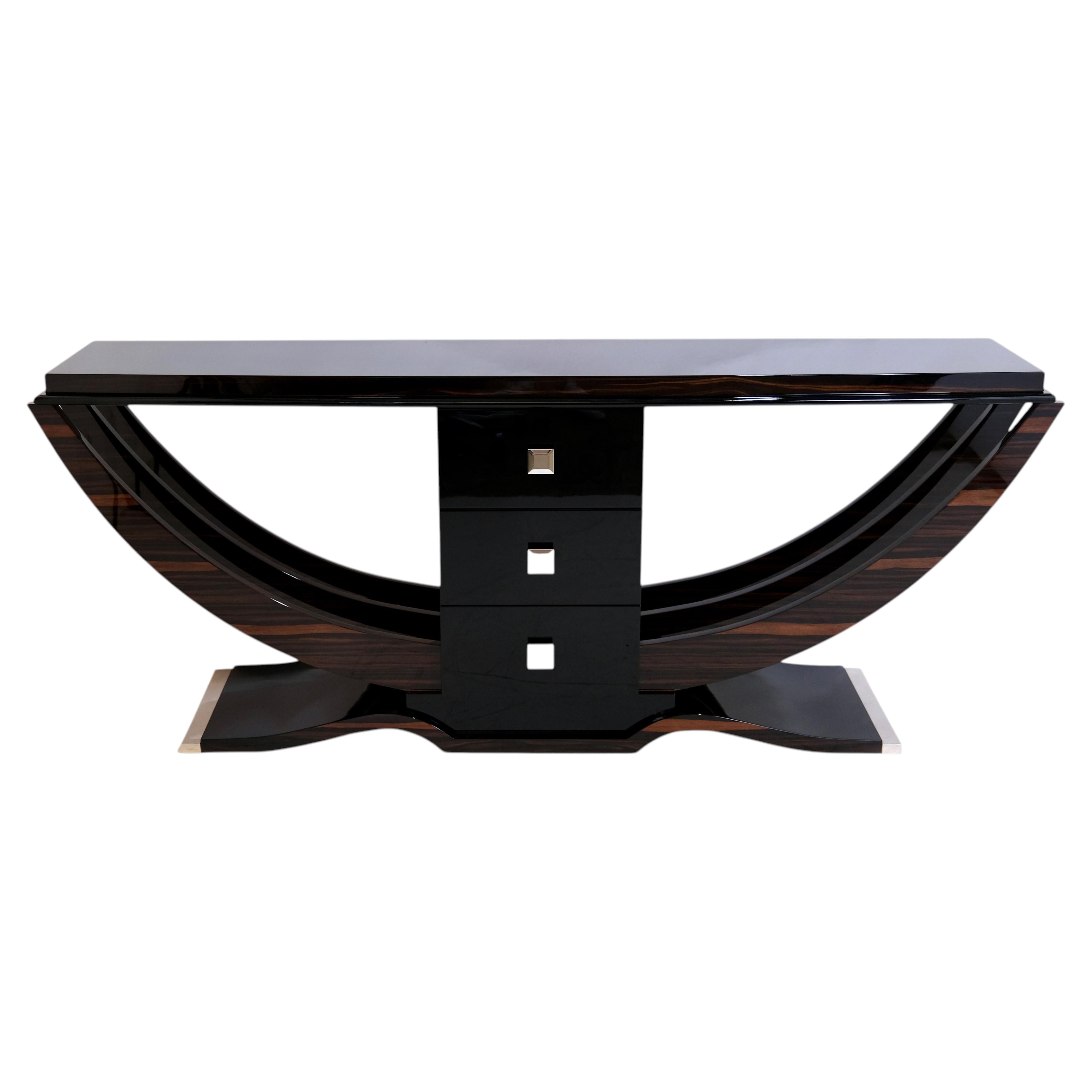 Consolle Art Déco su misura in legno di Macassar, laccata nera e cromata in vendita