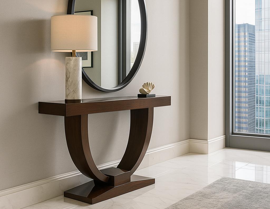Console moderne en noyer d'inspiration Art Déco. Cette table console de style Art déco est absolument magnifique. Avec une grande base en forme de U et un piédestal. Cette console est une œuvre d'art et une pièce maîtresse pour les entrées et les