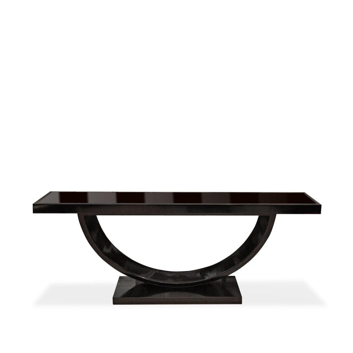 A custom made Art Deco style wood console table in high gloss black lacquer finish. Locally made in Brooklyn, NY. Please note that the finish, color and size may be customized as desired. Allow 4 to 6 weeks for delivery.

Dimensions as shown: 73