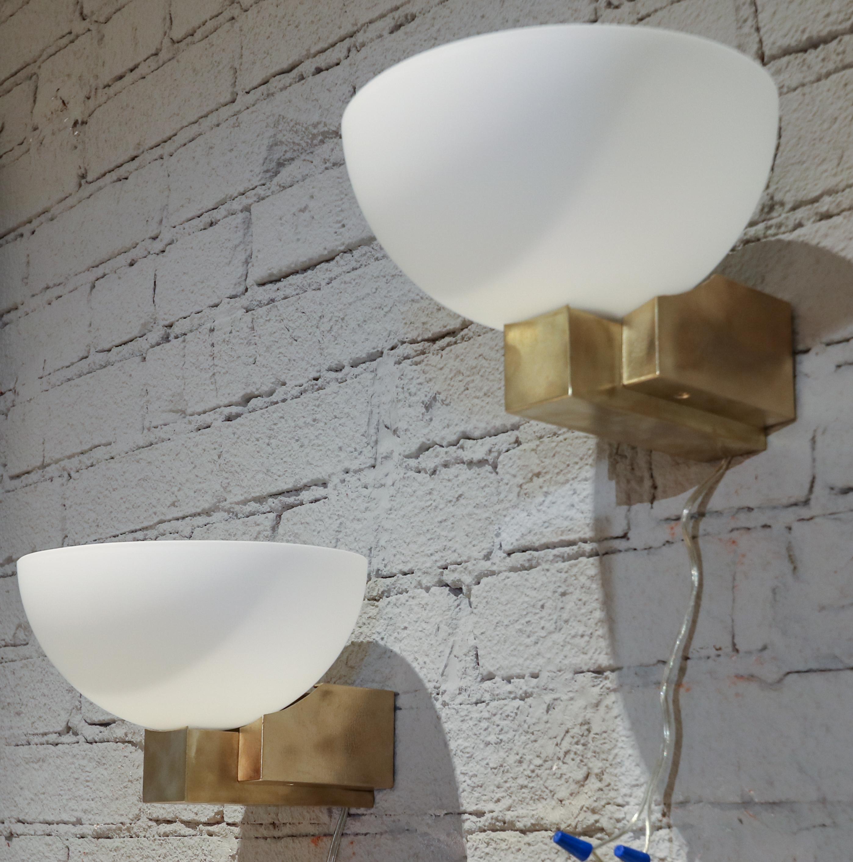 Custom Art Deco Midcentury Style Brass and White Glass Sconces by Adesso Imports 2