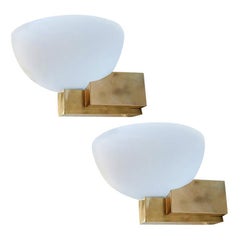 Custom Art Deco Midcentury Style Brass and White Glass Sconces by Adesso Imports