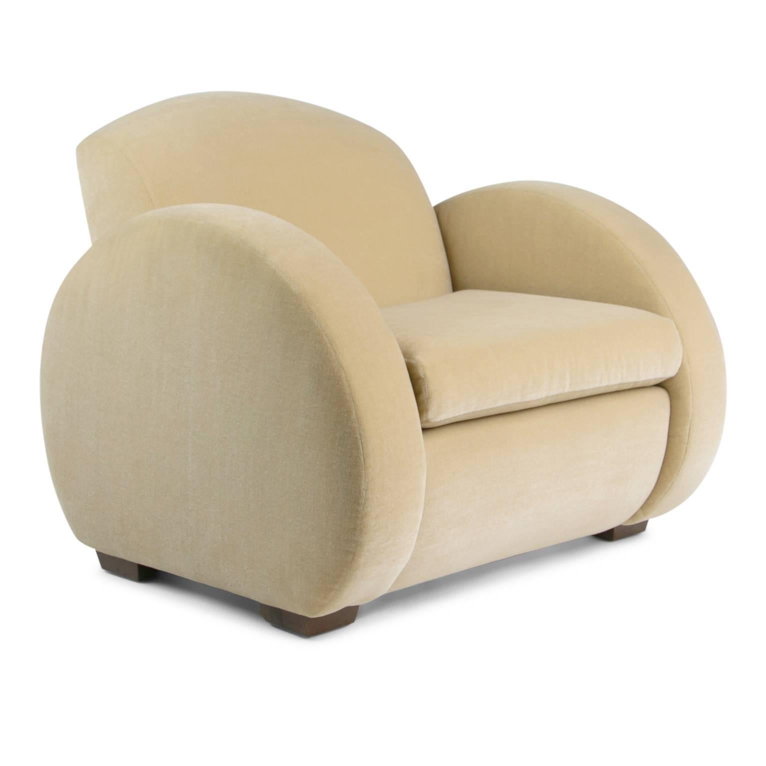 *NOTE* For all items from this dealer, please click VIEW ALL FROM SELLER below on this page.

Newly produced custom-made and high-quality Art Deco style armchairs upholstered in a sumptuous high-end tan colored mohair. These deep-seated lounge
