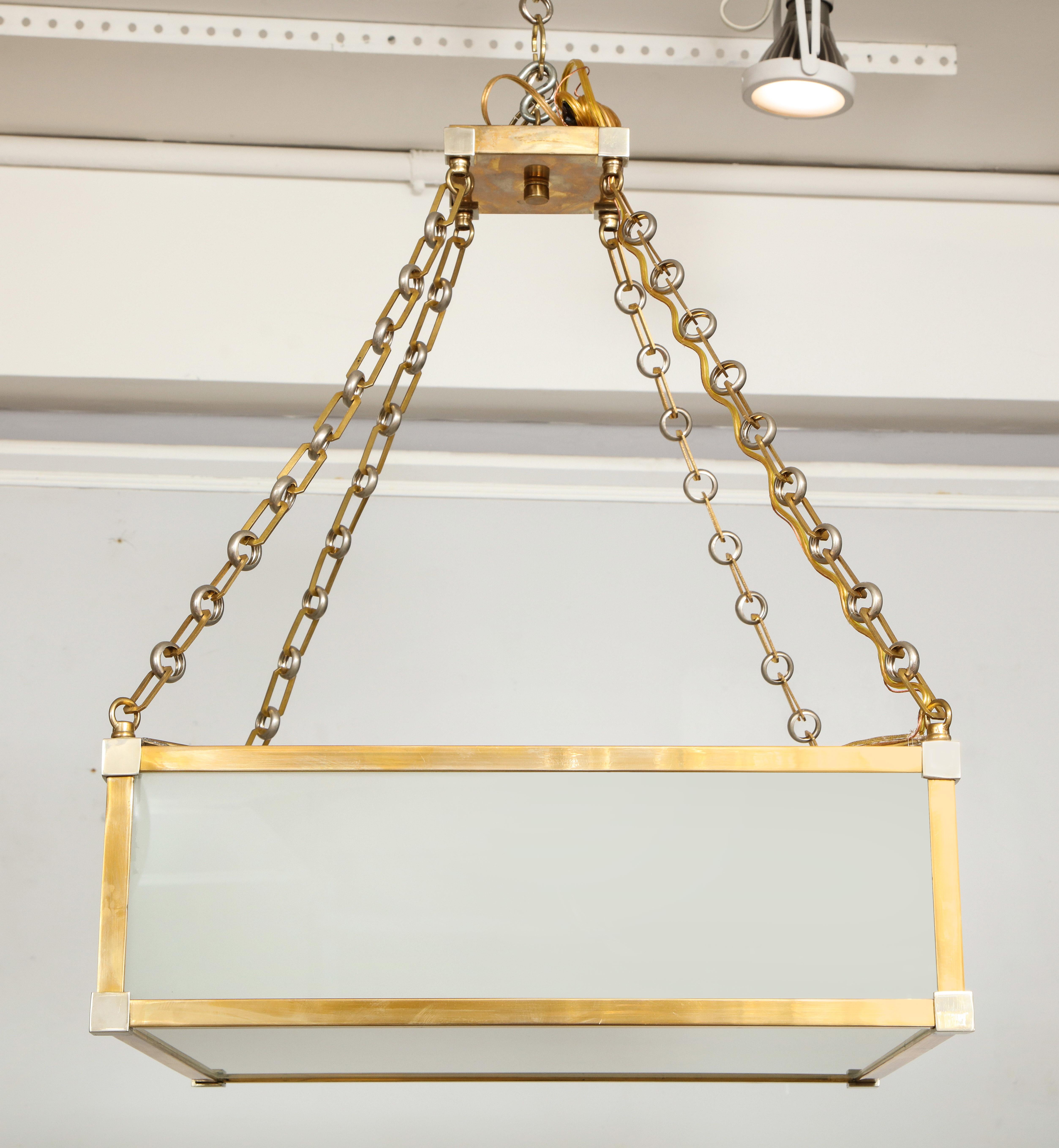 American Custom Art Deco Style Nickel and Brass-Plated Pendant Fixture For Sale