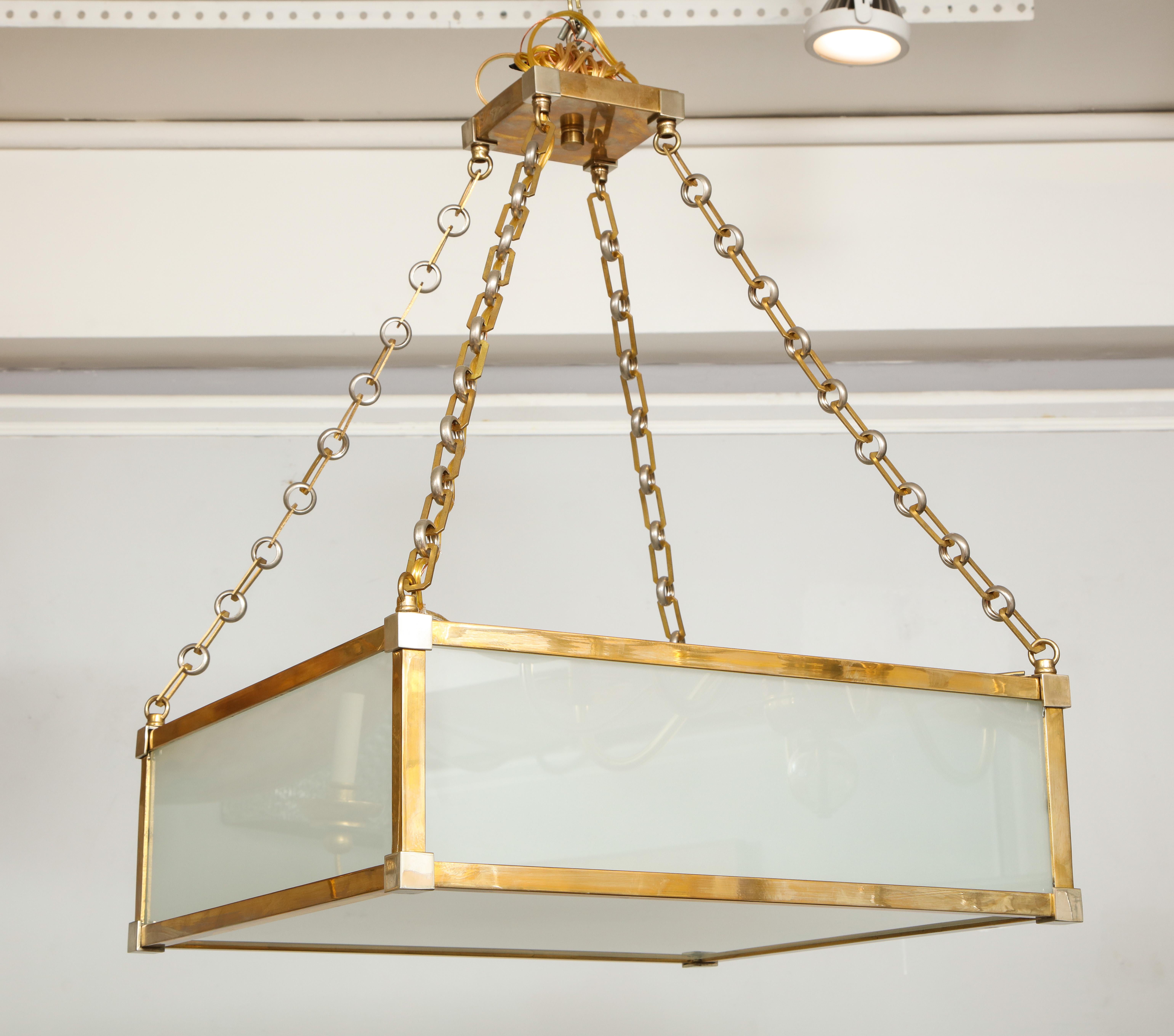 Modern Custom Art Deco Style Nickel and Brass-Plated Pendant Fixture For Sale