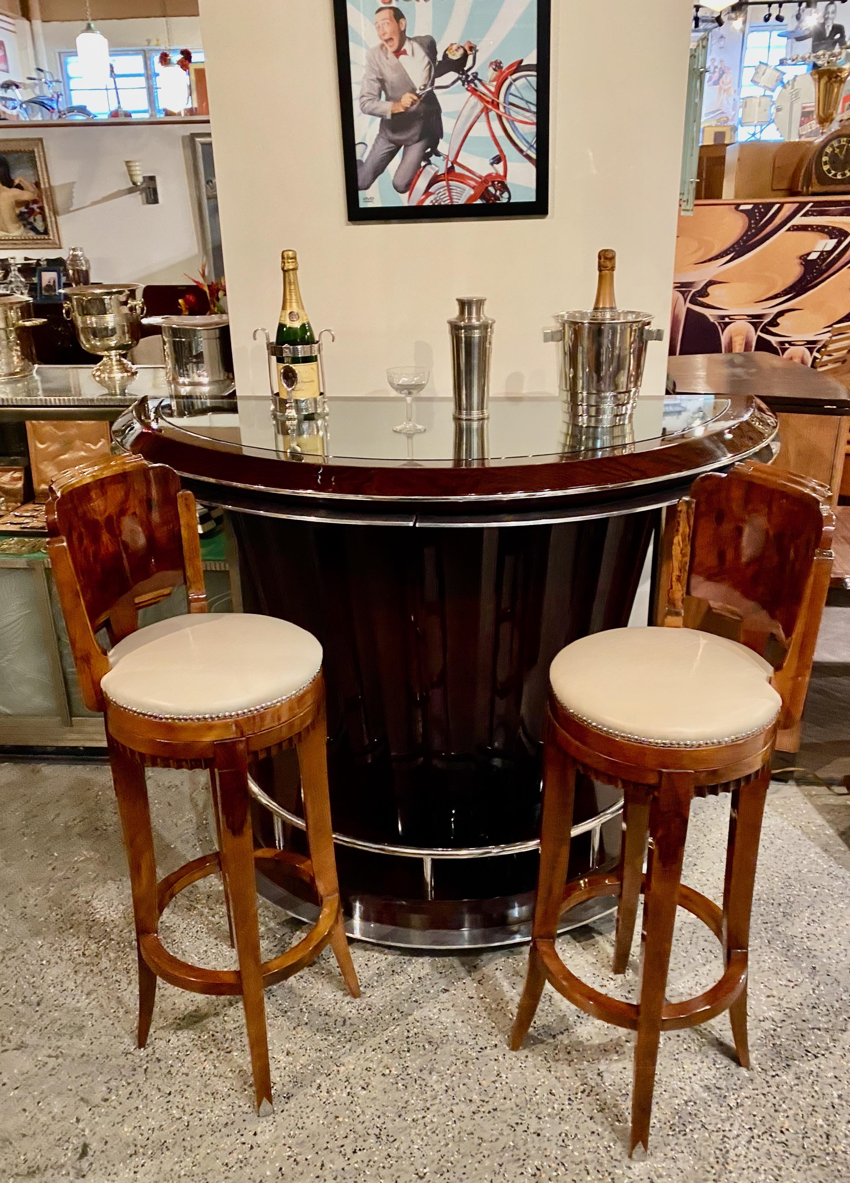Custom Art Deco Swivel Wood Bar Stool Exotic Woods In New Condition In Oakland, CA